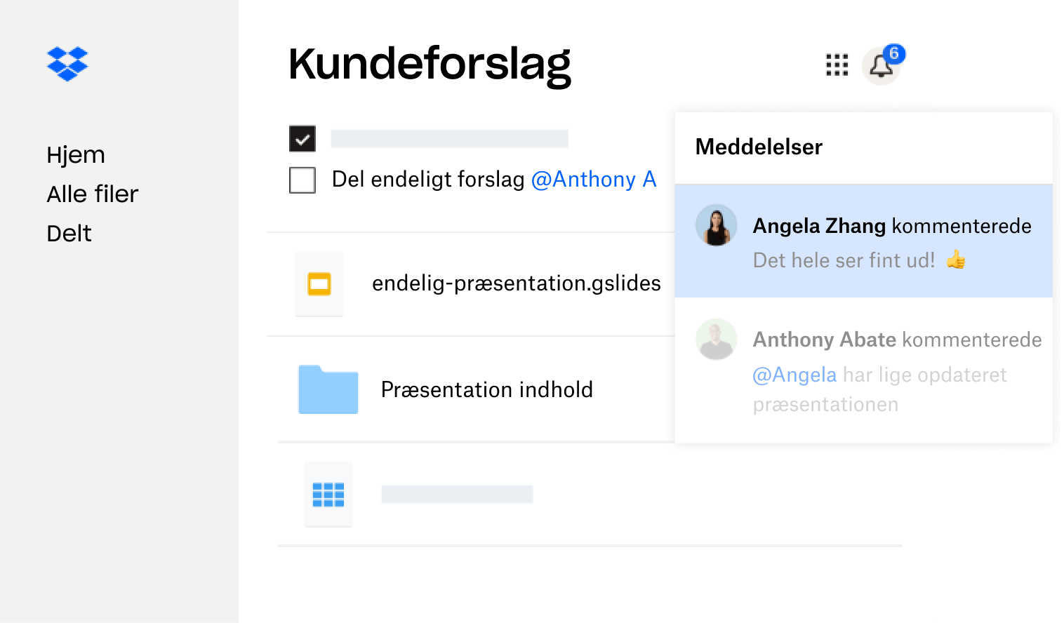 Et klientforslag, der er oprettet i Dropbox, deles med flere brugere, der har efterladt feedback.