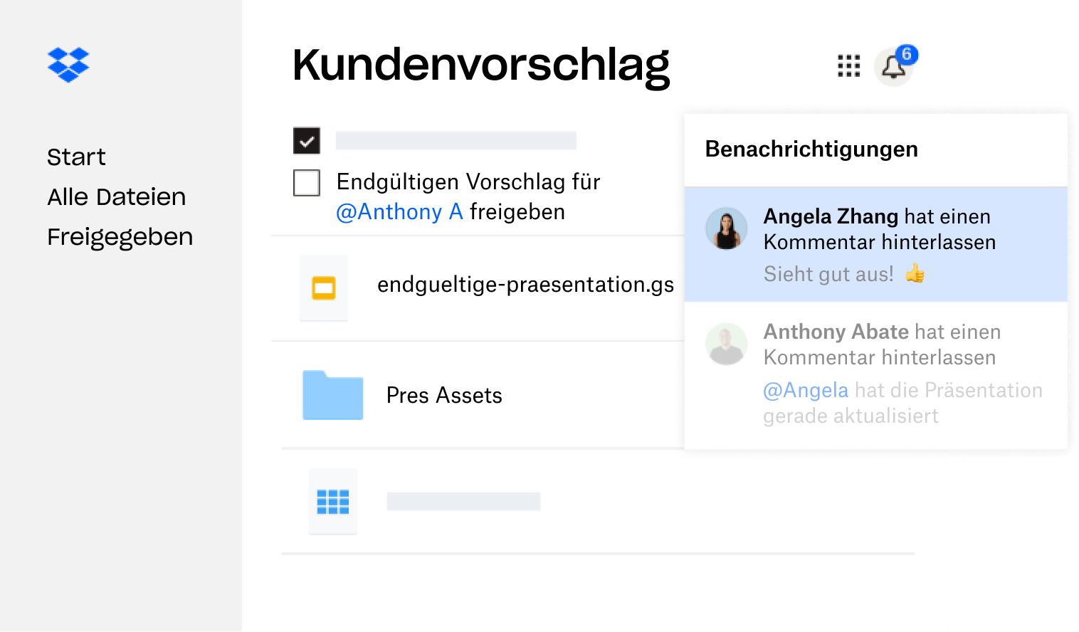 Ein in Dropbox erstelltes Kundenangebot wird mit mehreren Nutzern geteilt, die Feedback hinterlassen haben.