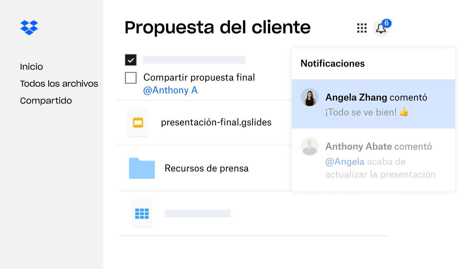 Una propuesta de cliente creada en Dropbox se comparte con múltiples usuarios que han dejado comentarios