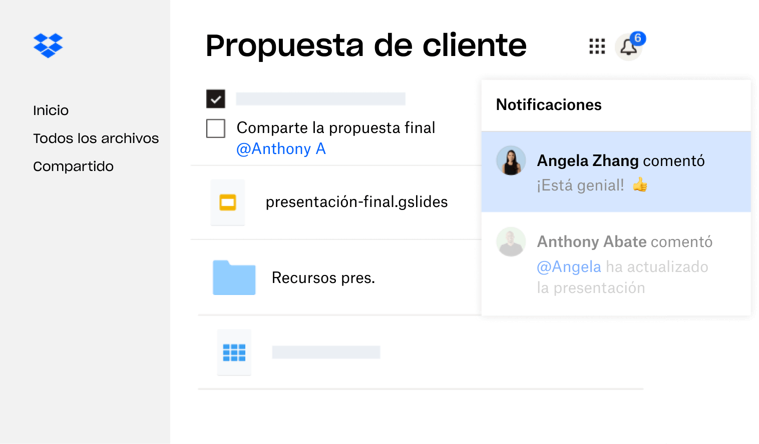 Propuesta para un cliente creada en Dropbox que se comparte con varios usuarios que han dejado comentarios