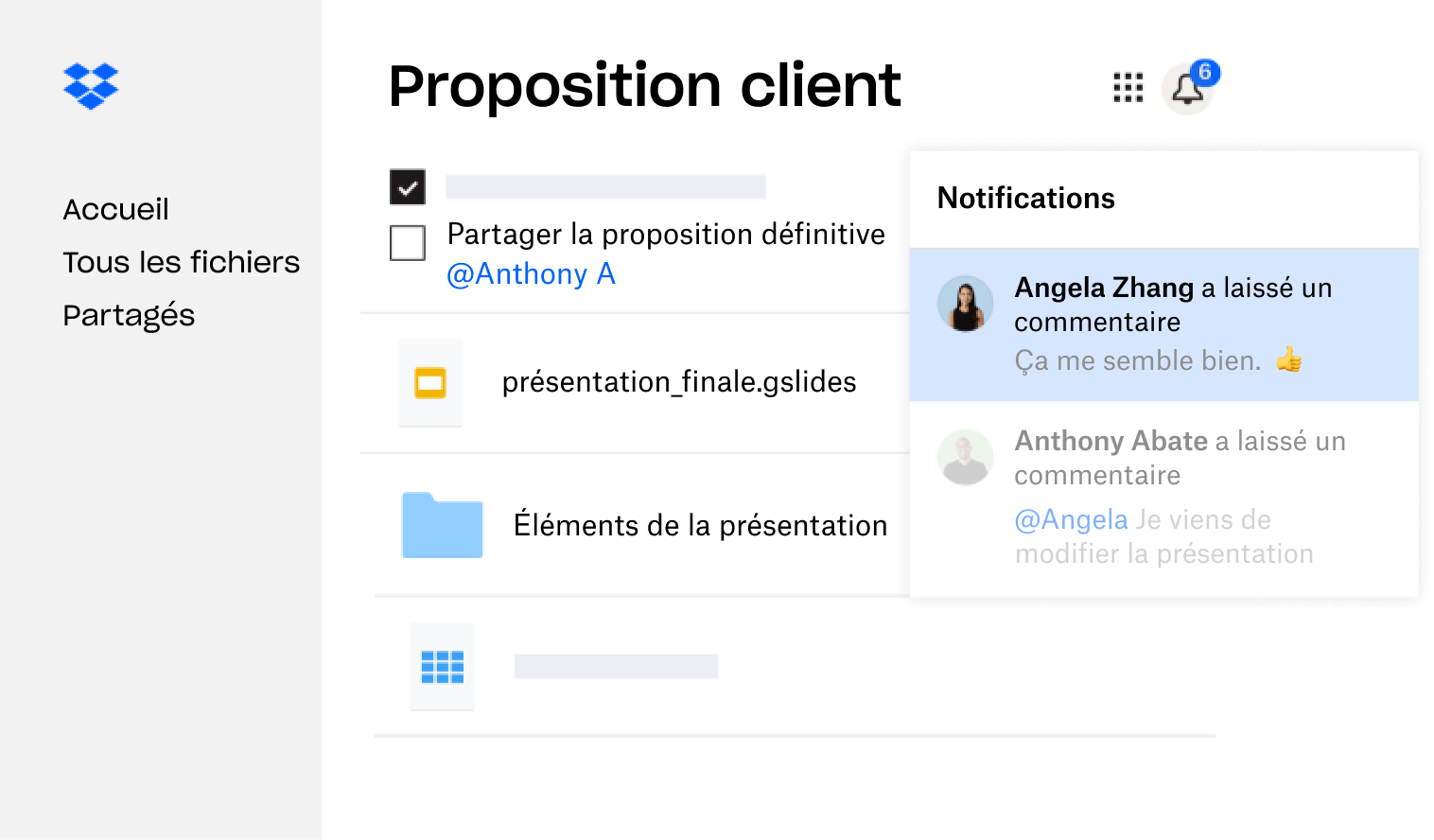 Une proposition client créée dans Dropbox et partagée entre plusieurs utilisateurs qui ont laissé des commentaires.