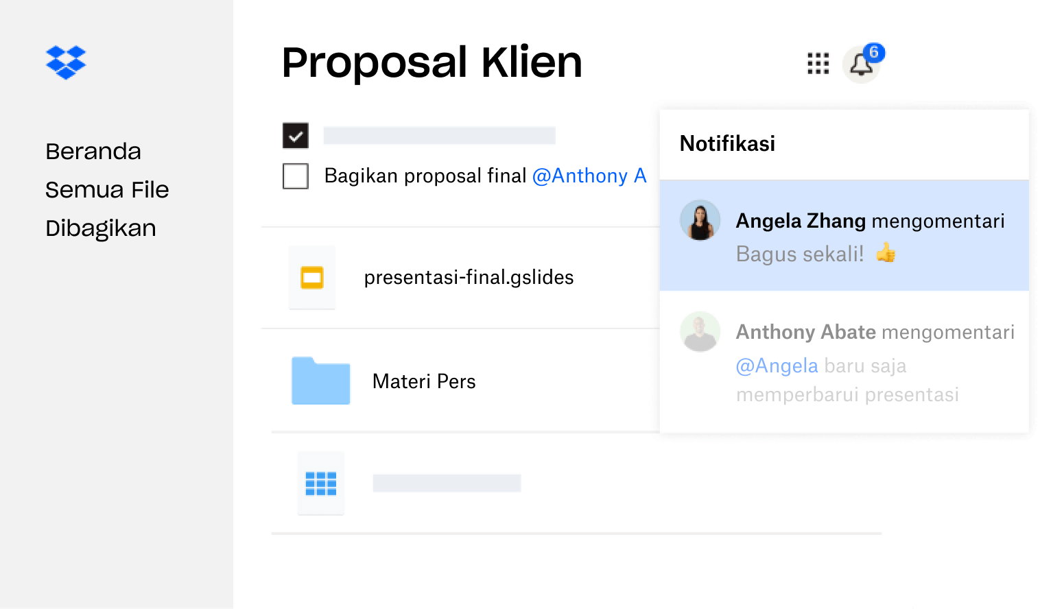 Sebuah proposal klien yang dibuat di Dropbox dibagikan kepada banyak pengguna yang memberikan umpan balik