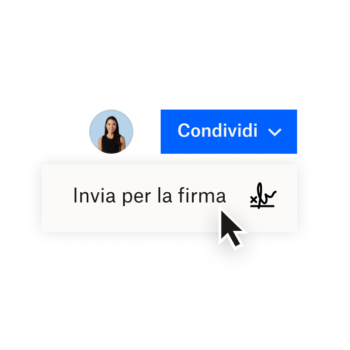 Un'interfaccia Dropbox che mostra le opzioni per condividere un documento con Dropbox o inviare un documento per la firma elettronica con Dropbox Sign