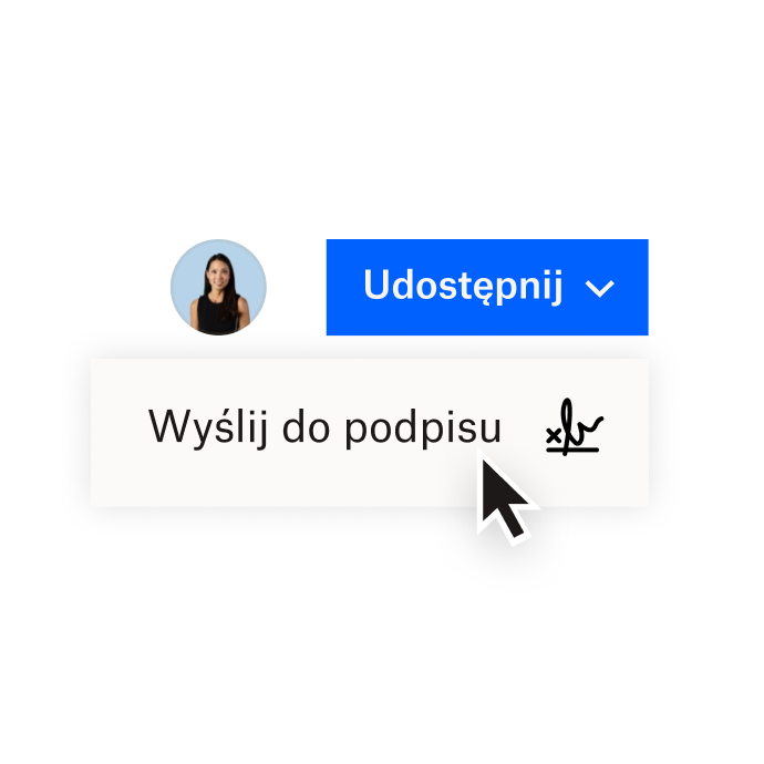 Interfejs Dropbox, na którym widać opcje udostępnienia dokumentu w Dropbox lub wysłania go do podpisu elektronicznego w Dropbox Sign