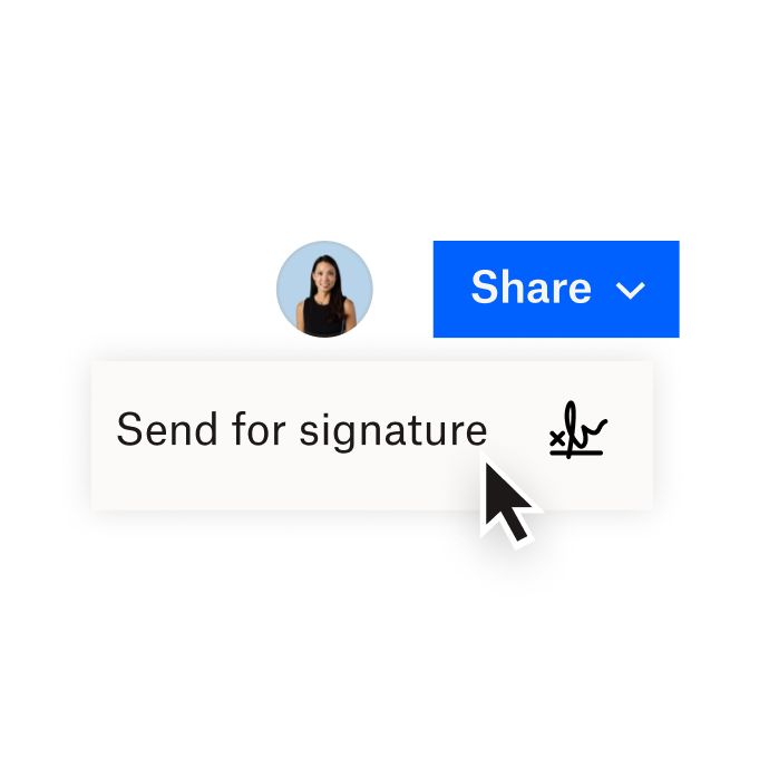 Interface Dropbox montrant des options pour partager un document avec Dropbox ou envoyer un document pour signature électronique avec Dropbox Sign