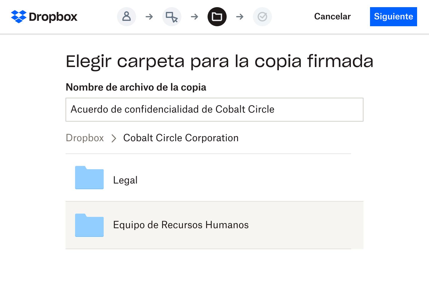 Un usuario que selecciona una carpeta en Dropbox donde se almacenará una versión digital de un formulario de un acuerdo de confidencialidad firmado