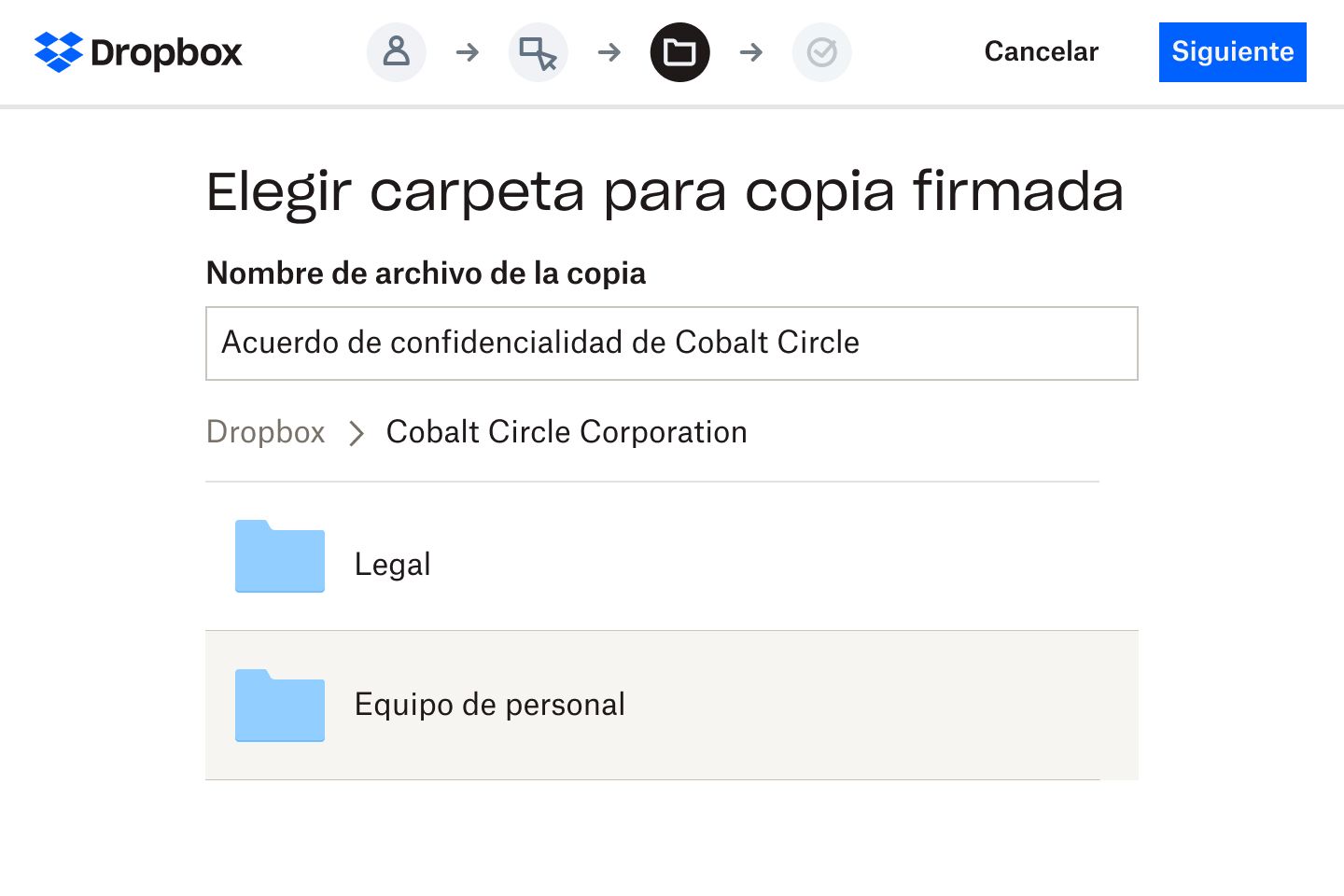 Un usuario selecciona una carpeta de Dropbox donde se almacenará una versión digital de un acuerdo de confidencialidad firmado