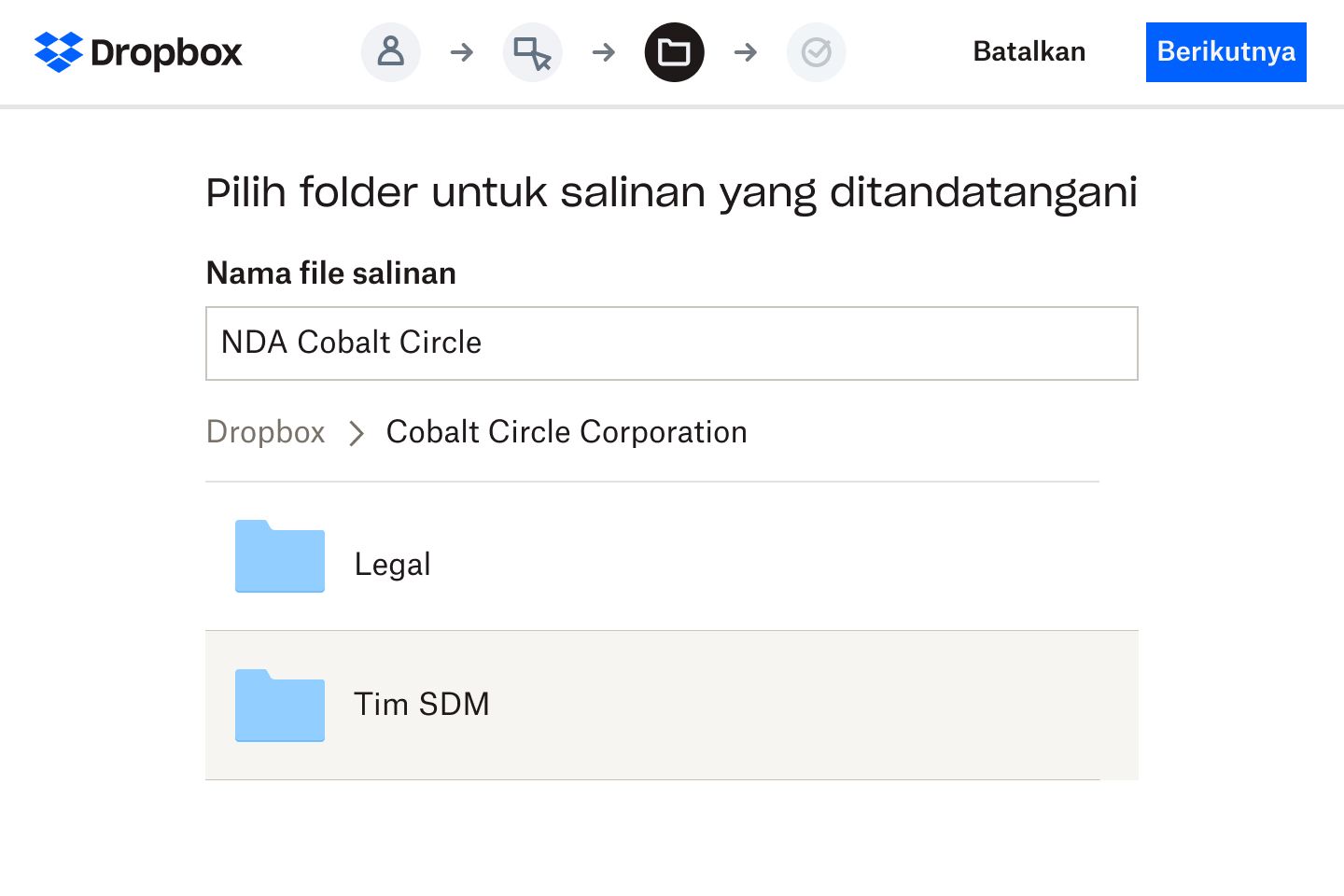 Seorang pengguna memilih folder di Dropbox untuk menyimpan versi digital formulir NDA yang ditandatangani