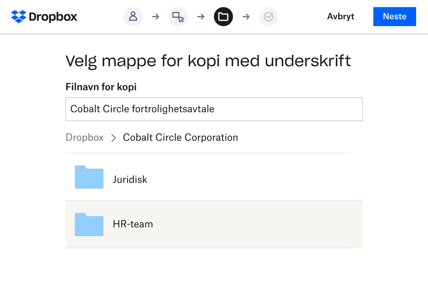 En bruker som velger en mappe i Dropbox der en digital versjon av et signert taushetserklæringsskjema vil bli lagret