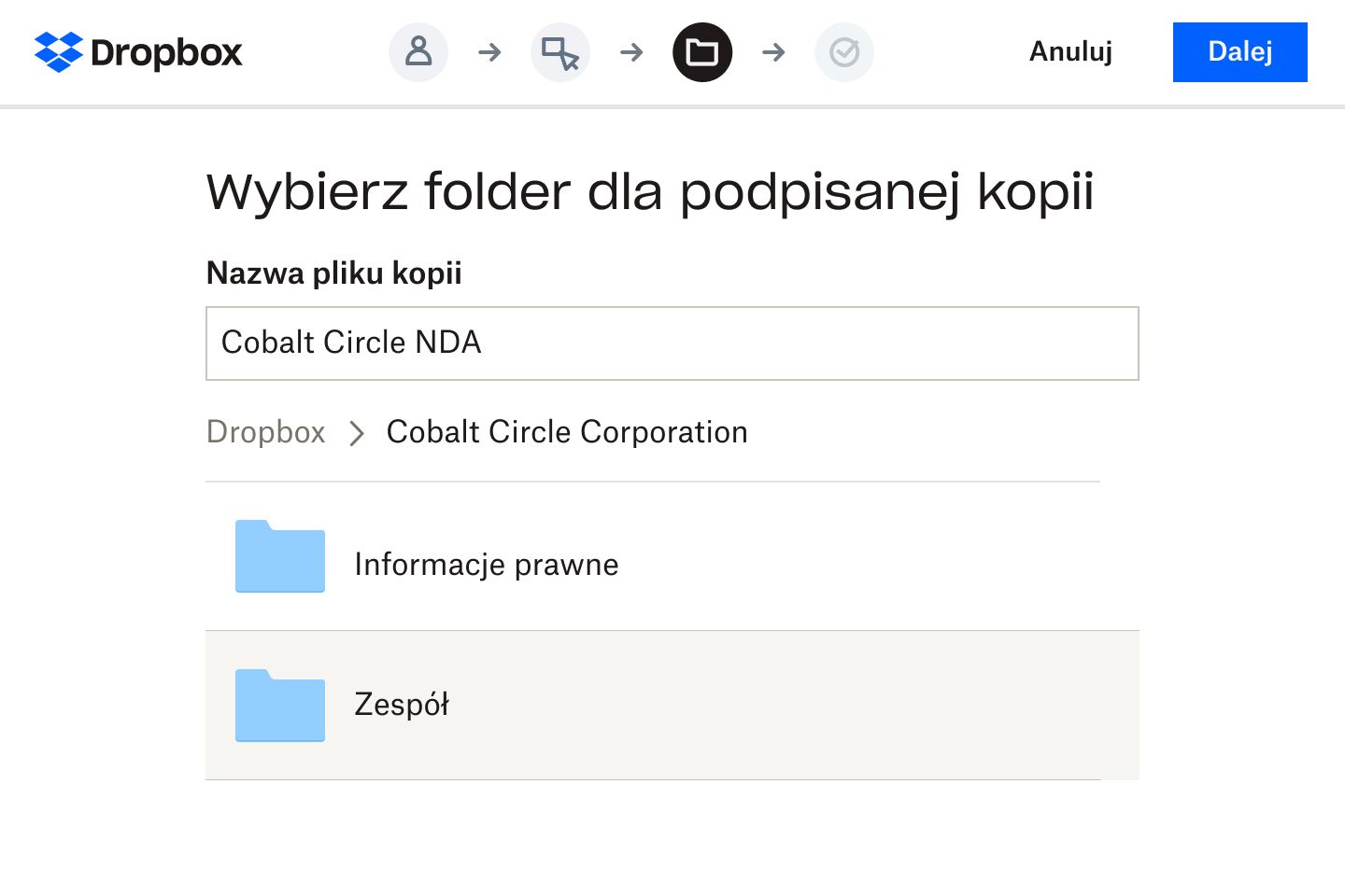 Użytkownik wybierający w aplikacji Dropbox folder, w którym będzie przechowywana wersja cyfrowa podpisanej umowy o zachowaniu poufności