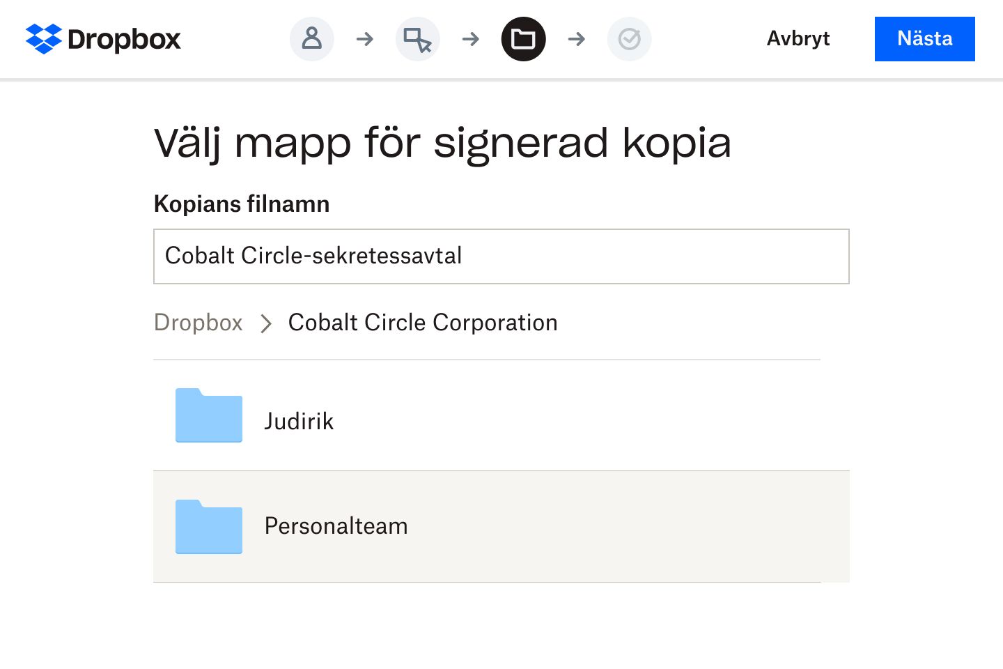 En användare som väljer en mapp i Dropbox där en digital version av ett undertecknat sekretessformulär kommer att sparas
