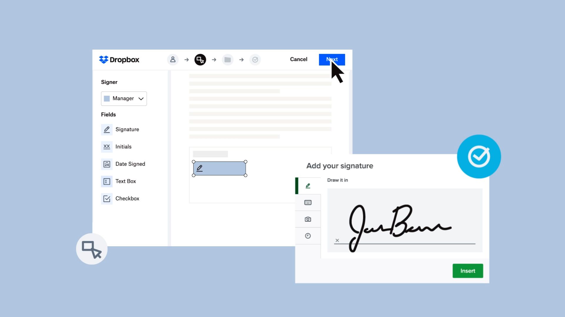 En e-signatur läggs till i ett dokument i Dropbox