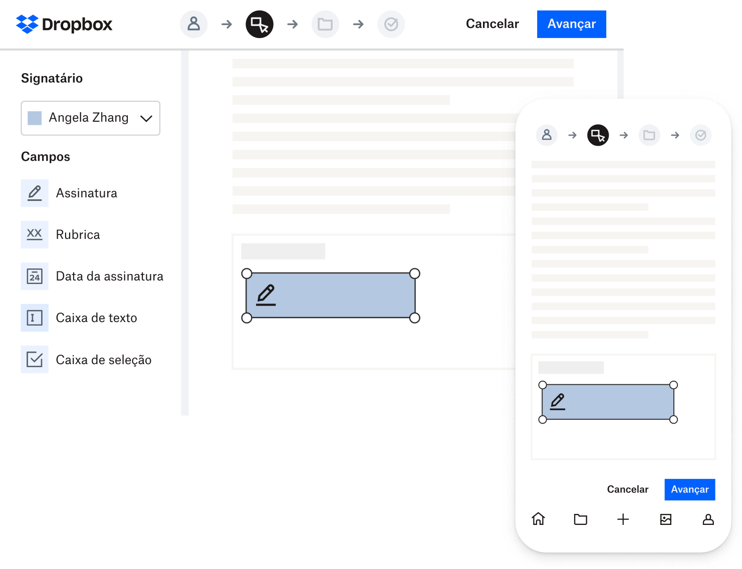 Caixas de preenchimento de formulário destacadas em um contrato que indicam onde uma assinatura deve ser adicionada, conforme visto em um desktop e um celular