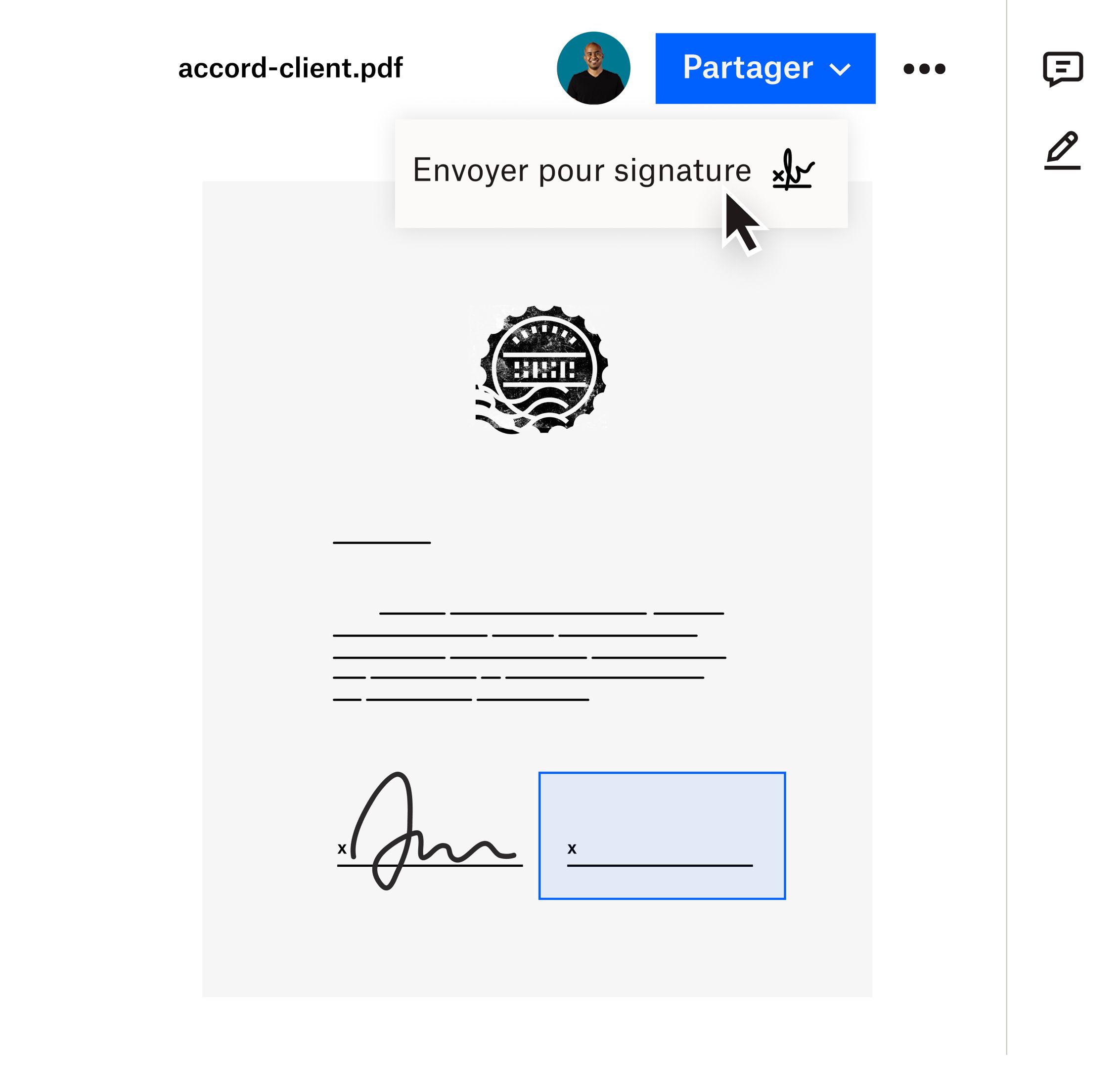 Utilisateur cliquant sur l'option Envoyer pour signature dans le menu déroulant Partager de l'interface Dropbox