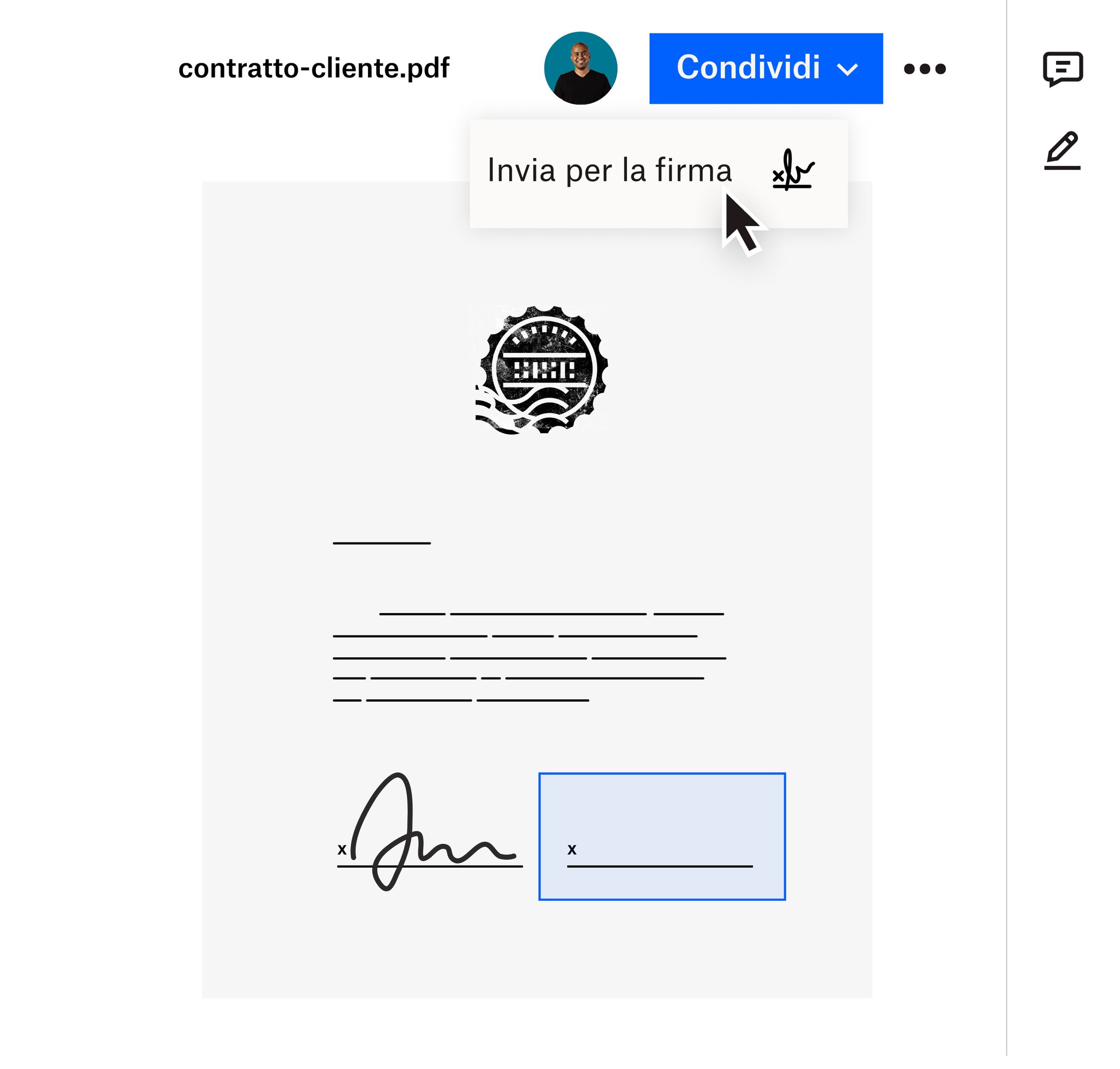 Un utente che fa clic sull'opzione Invia per firma nel menu a discesa Condividi nell'interfaccia Dropbox