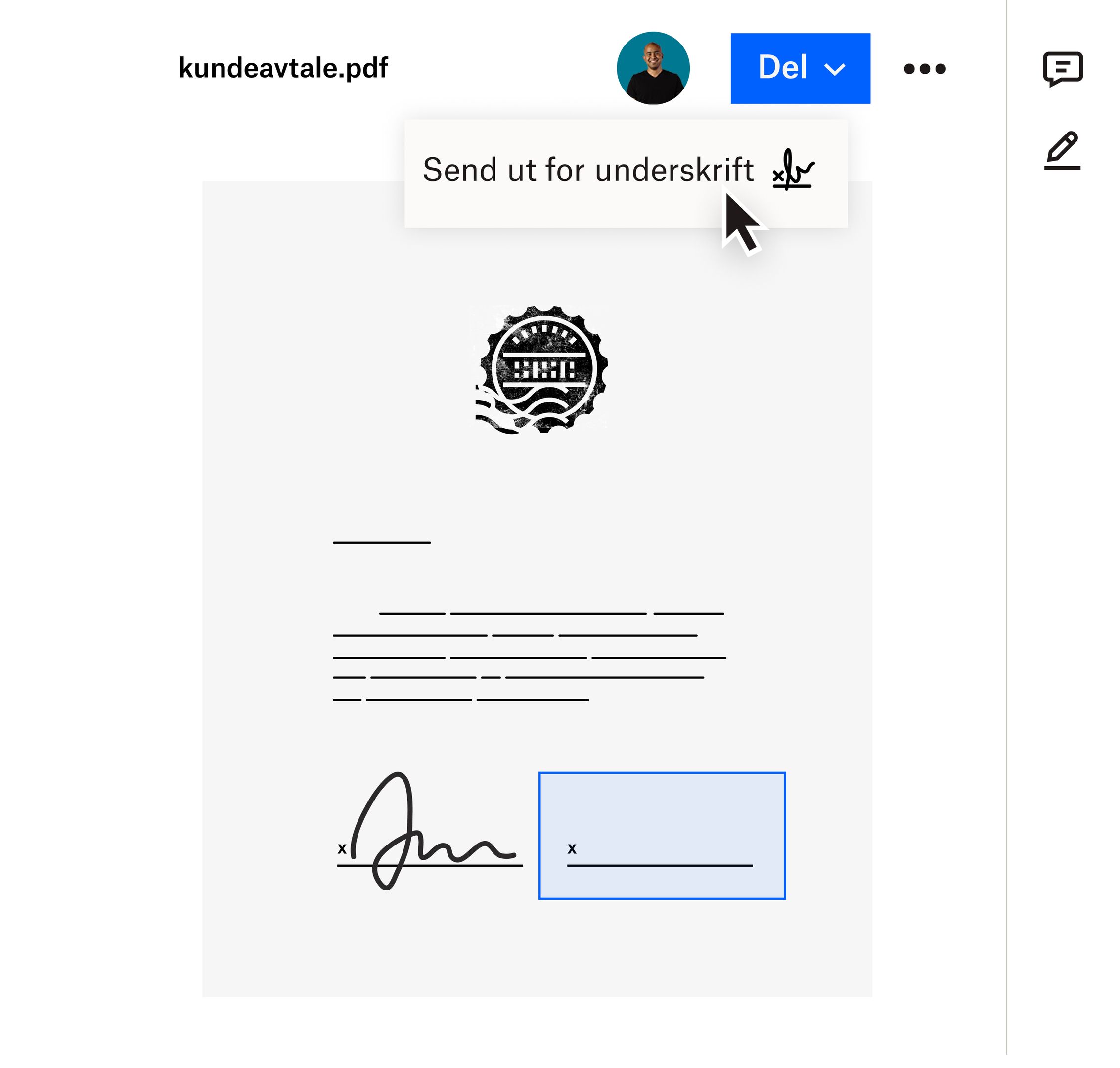 En bruker som klikker på alternativet Send for signatur i rullegardinmenyen Del i Dropbox-grensesnittet