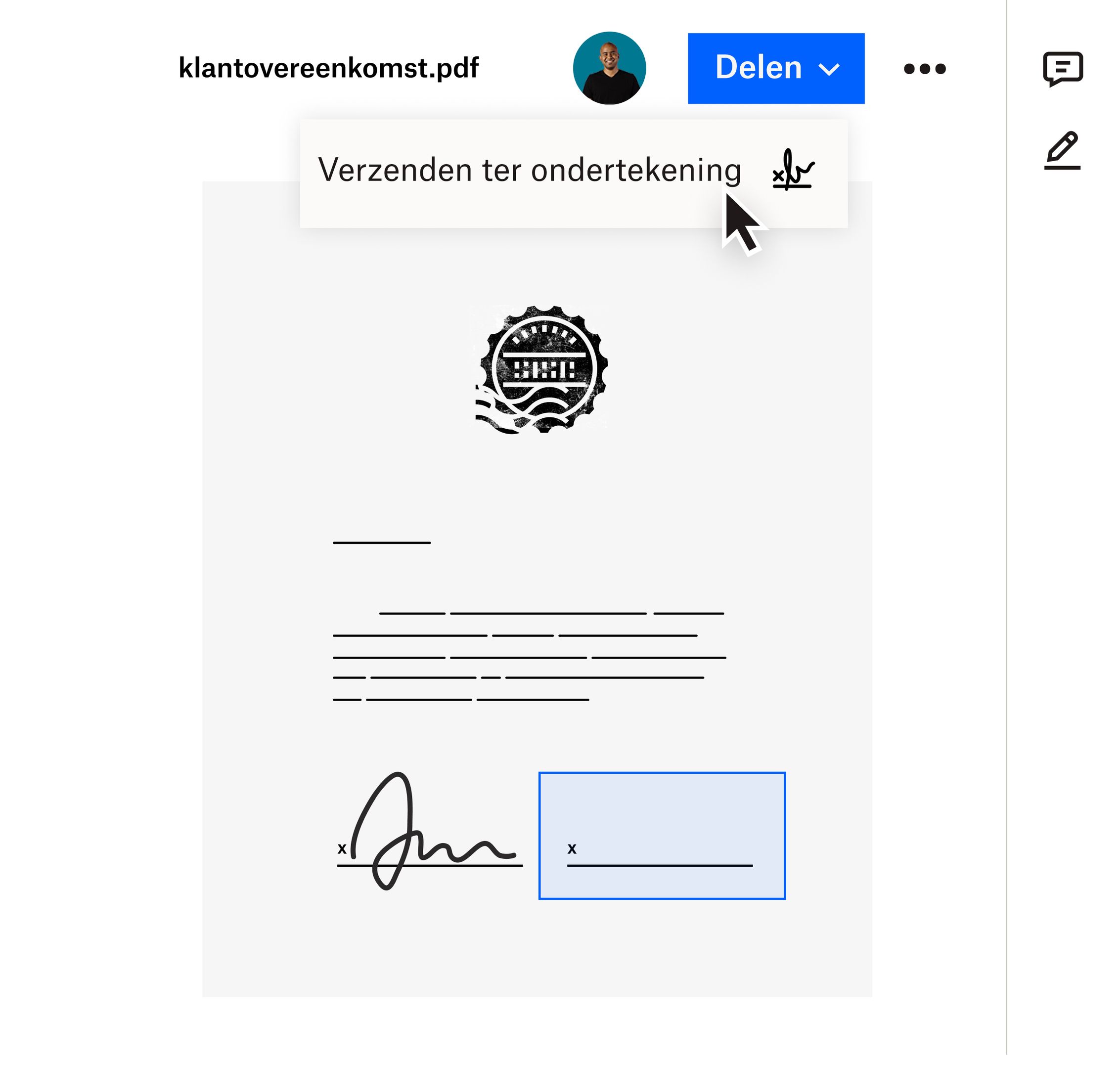 Een gebruiker die in de Dropbox-interface op de optie Verzenden voor ondertekening klikt in het vervolgkeuzemenu Delen