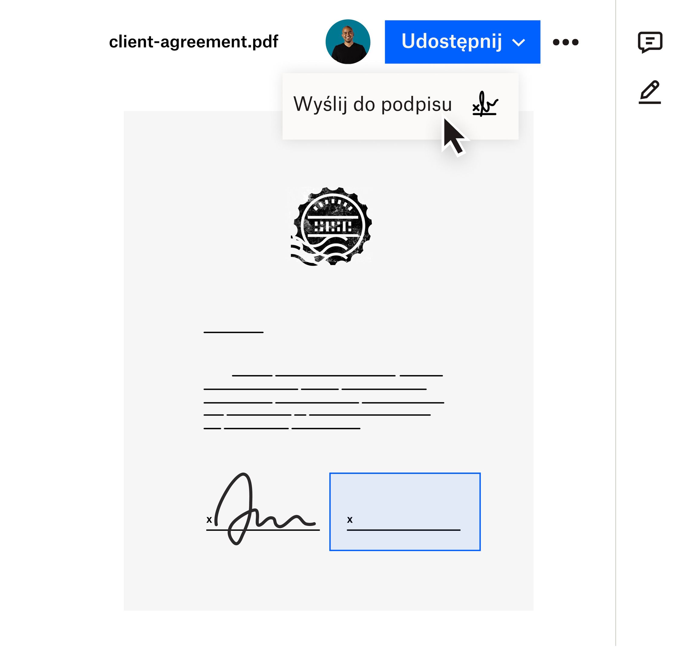 Użytkownik wybierający opcję wysłania dokumentu do podpisu z listy rozwijanej „Udostępnij” w interfejsie aplikacji Dropbox
