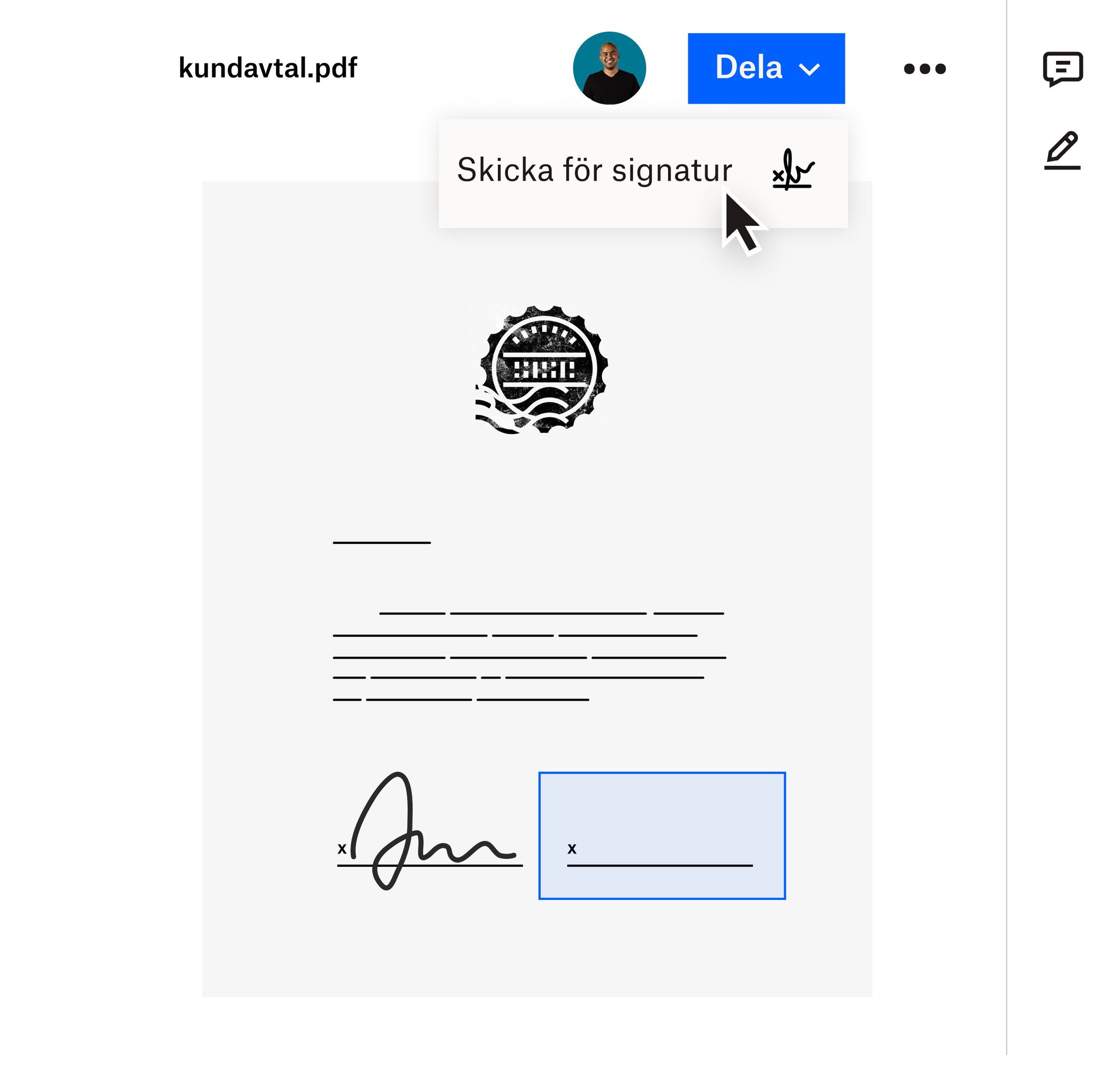 En användare som klickar på alternativet Skicka för signatur i rullgardinsmenyn Dela i Dropbox-gränssnittet