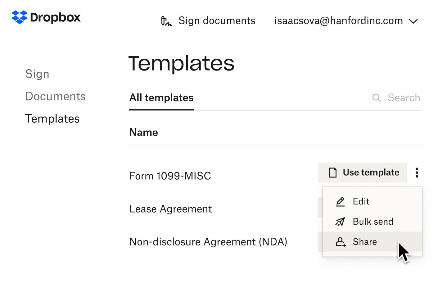 A user selecting ‘Share’ in the ‘Use template’ drop-down for a 1099-MISC form template