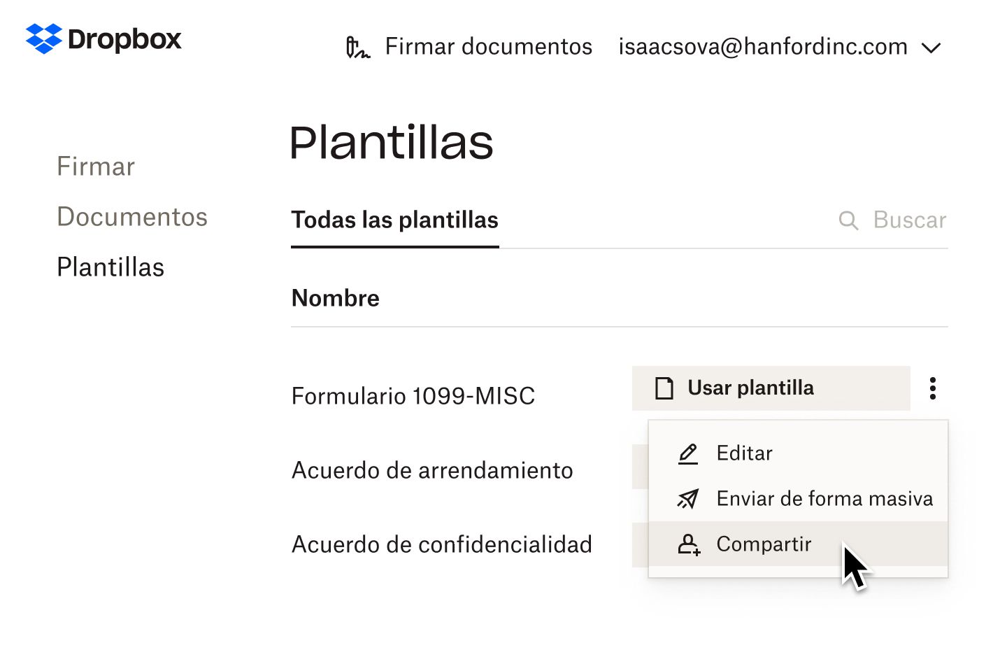 Un usuario selecciona "Compartir" en el menú desplegable "Usar plantilla" para una plantilla de formulario 1099-MISC