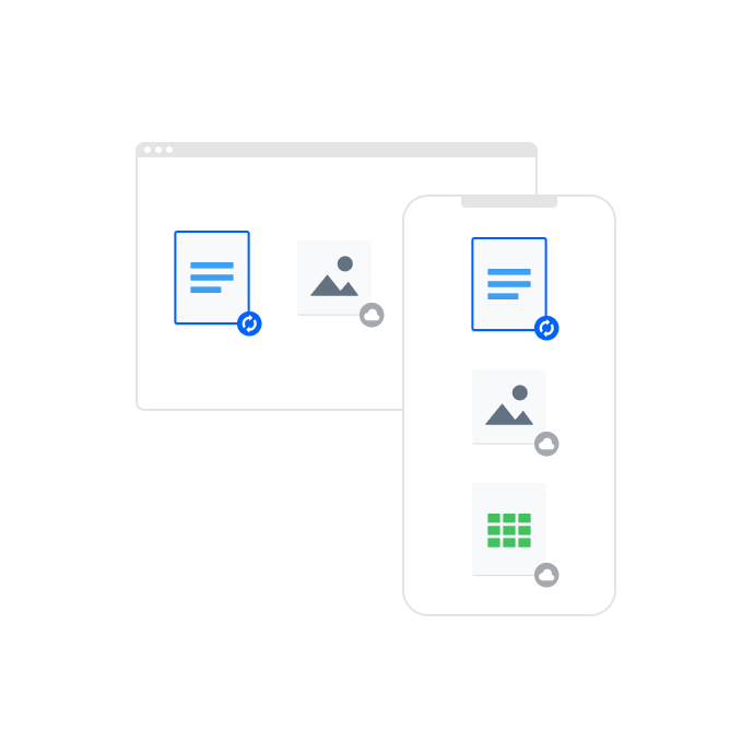 Dua paparan peranti, satu kecil dan satu besar yang menunjukkan penyelarasan fail di Dropbox membolehkan anda untuk menyelaraskan fail di seluruh peranti.
