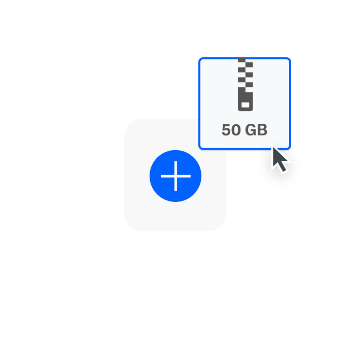 Ein Nutzer hängt eine 50 GB große Datei an, um sie mit Dropbox Transfer zu senden.