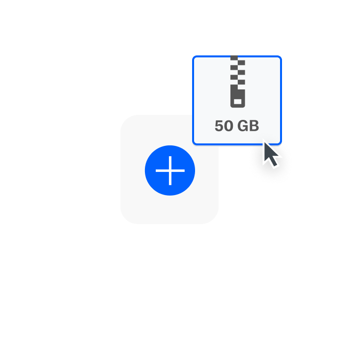 Um usuário anexa um arquivo de 50 GB para enviar usando o Dropbox Transfer.