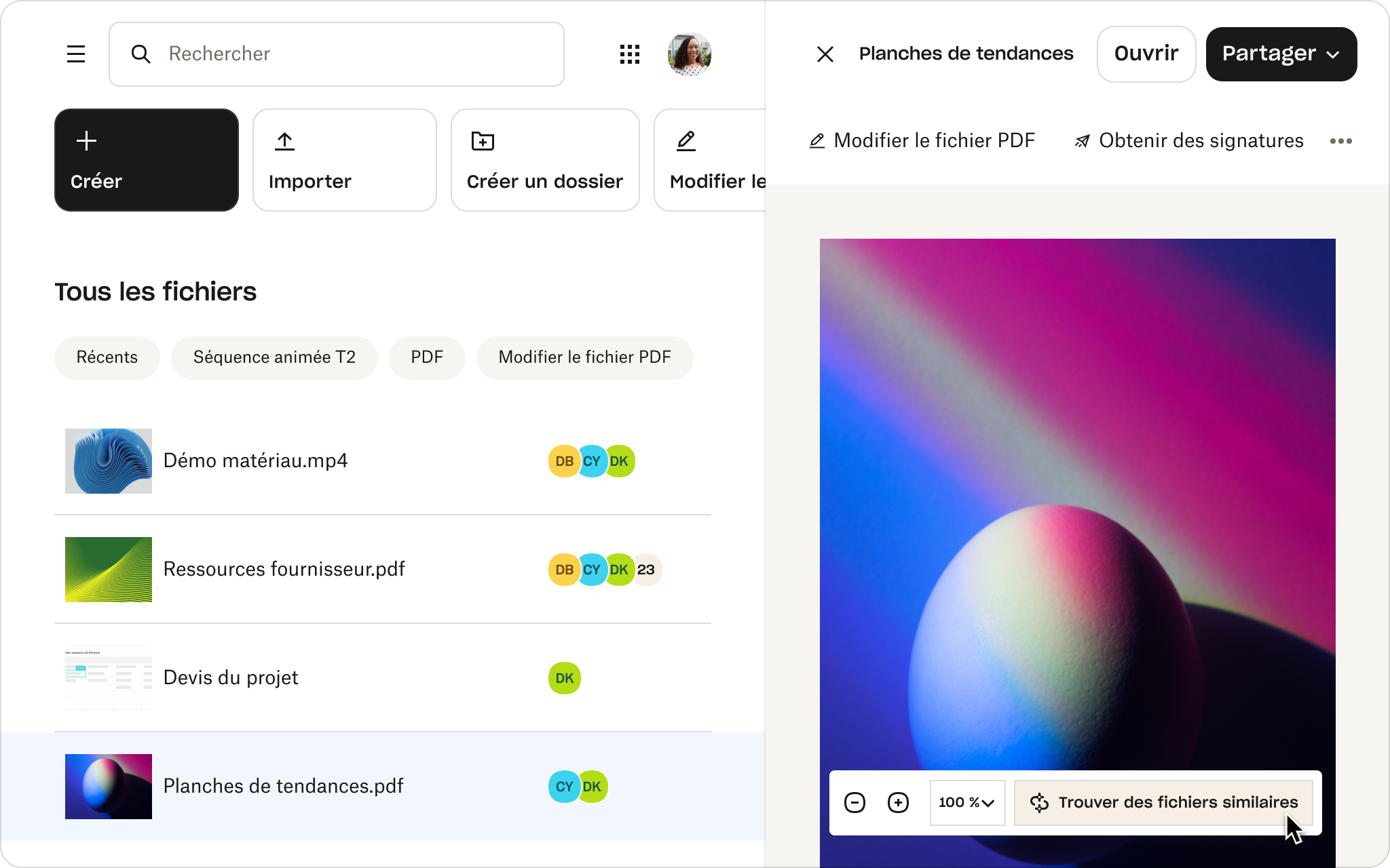 Aperçu d’un fichier intitulé « Mood boards » dans Dropbox, présentant des fonctionnalités telles que « Modifier le PDF », « Obtenir des signatures » et « Trouver des fichiers similaires ».