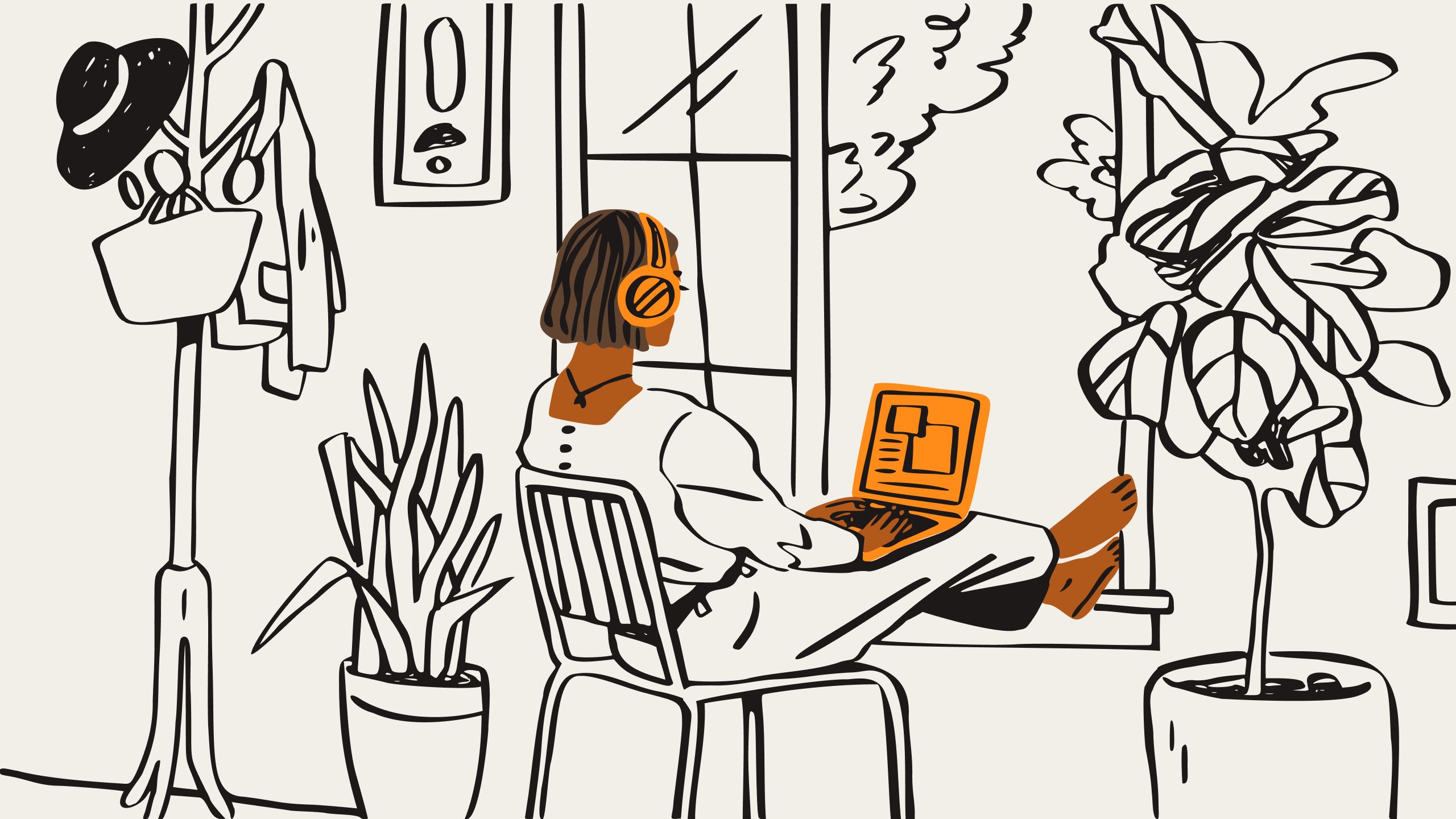 Uma ilustração de uma pessoa usando fones de ouvido laranja, sentada em uma cadeira, olhando para um laptop laranja