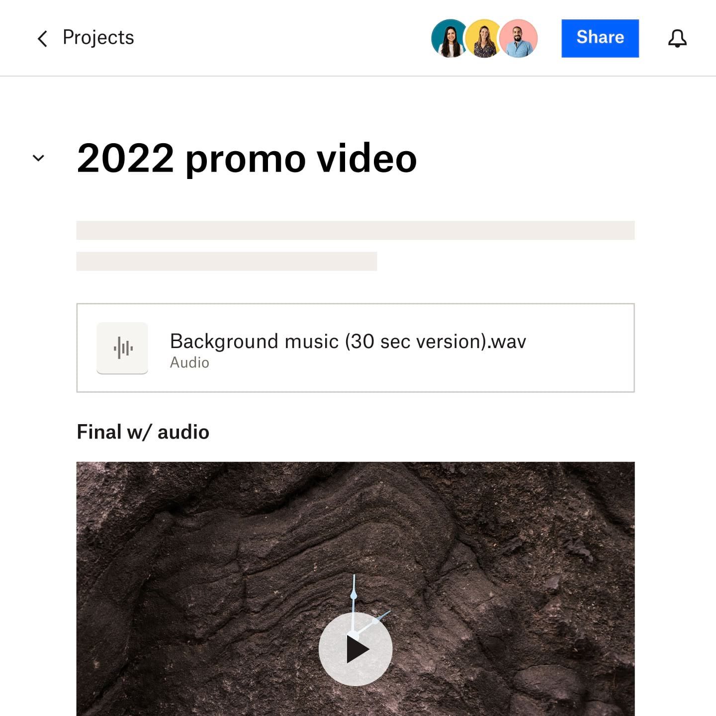 標題為「2022 宣傳影片」的 Dropbox Paper 文件、影片中使用音訊檔案的連結，以及完整影片的部分螢幕截圖