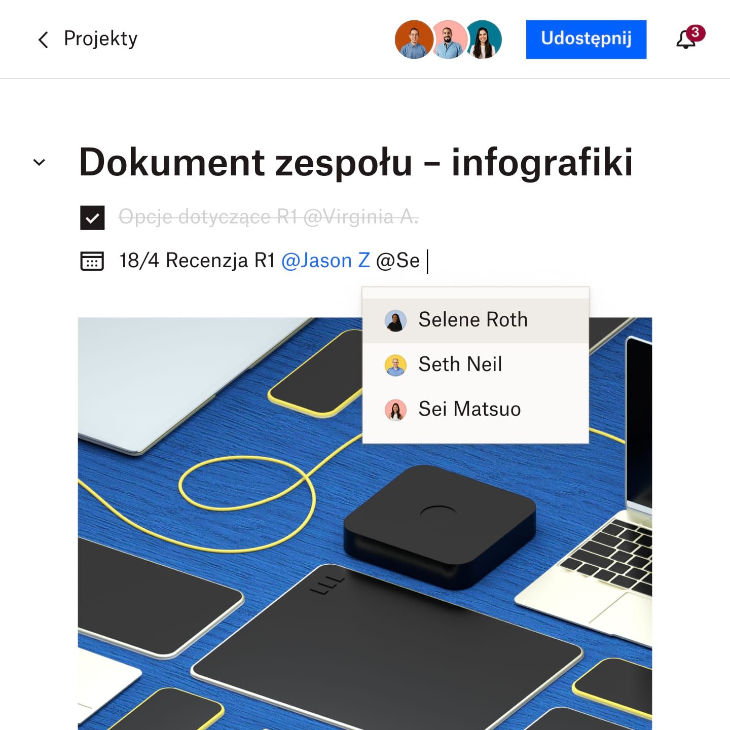 Dokument Dropbox Paper zawierający listę kontrolną i wielokolorową ilustrację przedstawiającą warstwy terenu