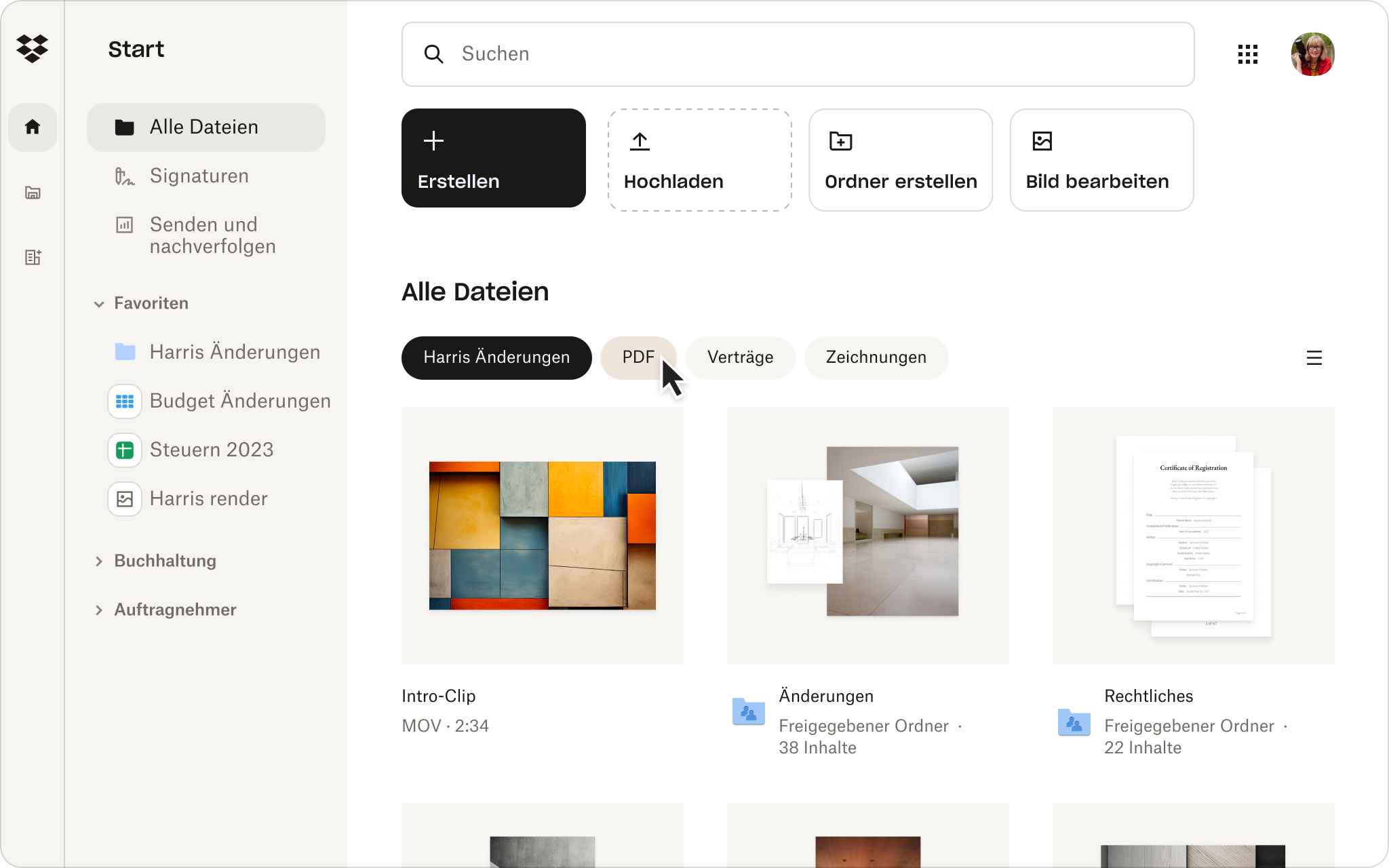 Dropbox-Produktstartseite mit dynamischen Filtern