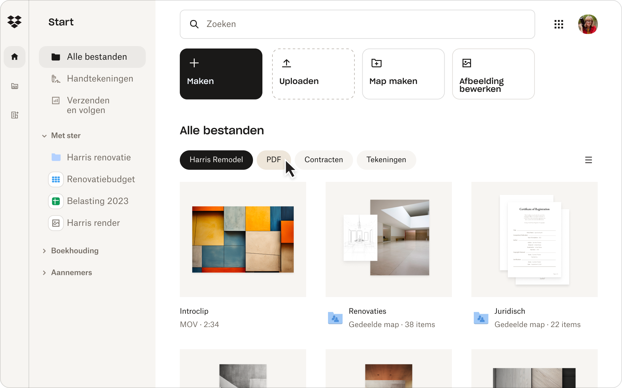 Beginpagina van Dropbox-producten die dynamische filters toont