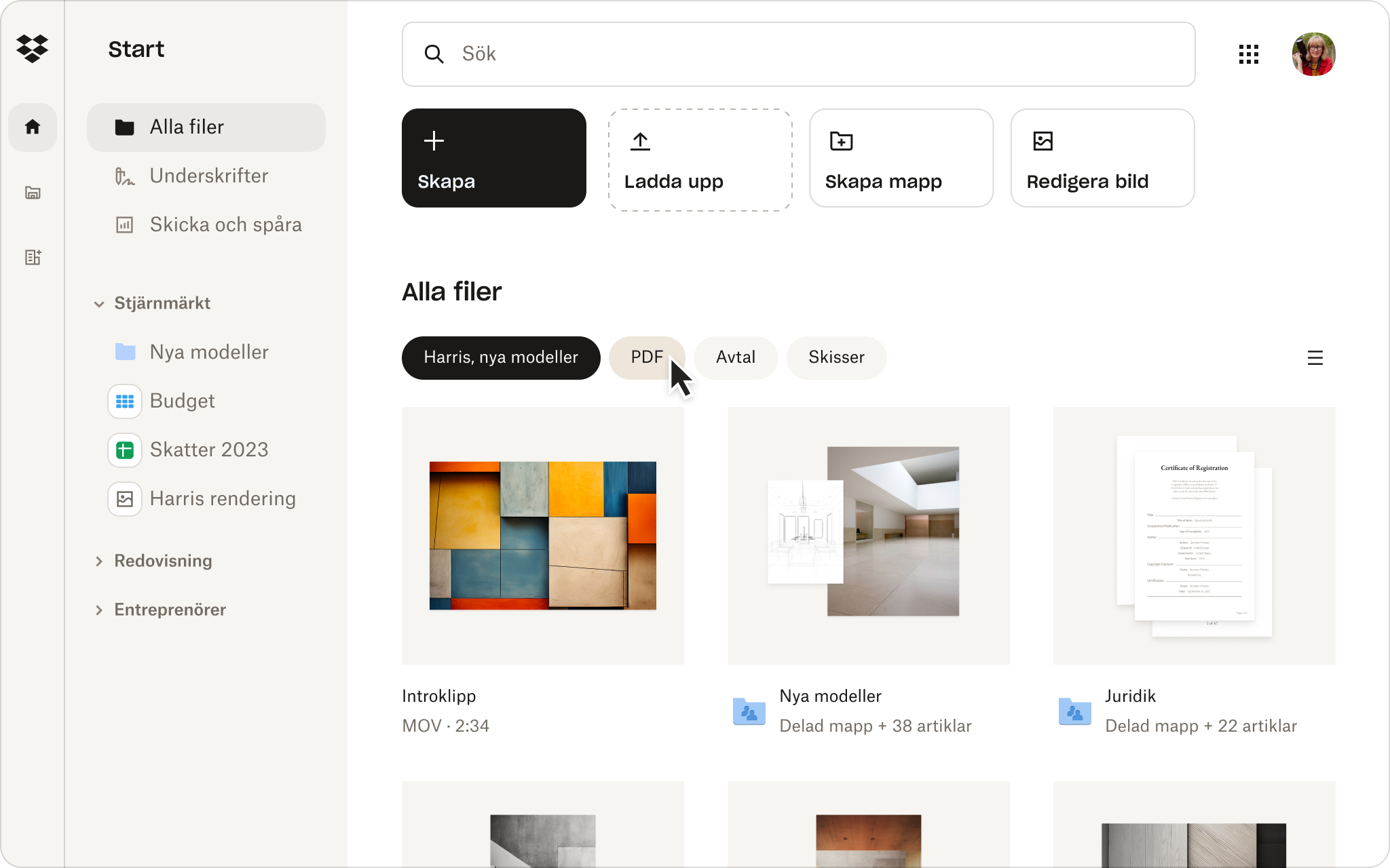 Startsida för Dropbox produkter som visar dynamiska filter