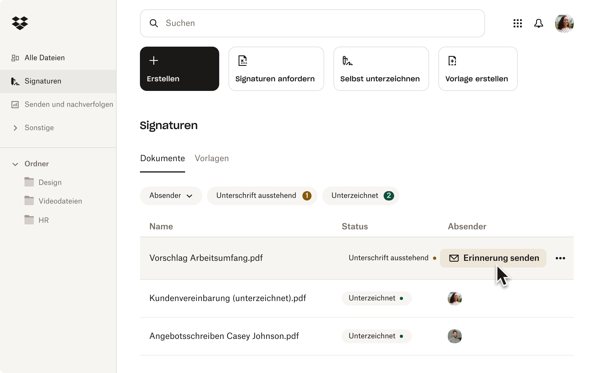 Signaturen-Startseite von Dropbox mit der Schaltfläche „Erinnerung senden“