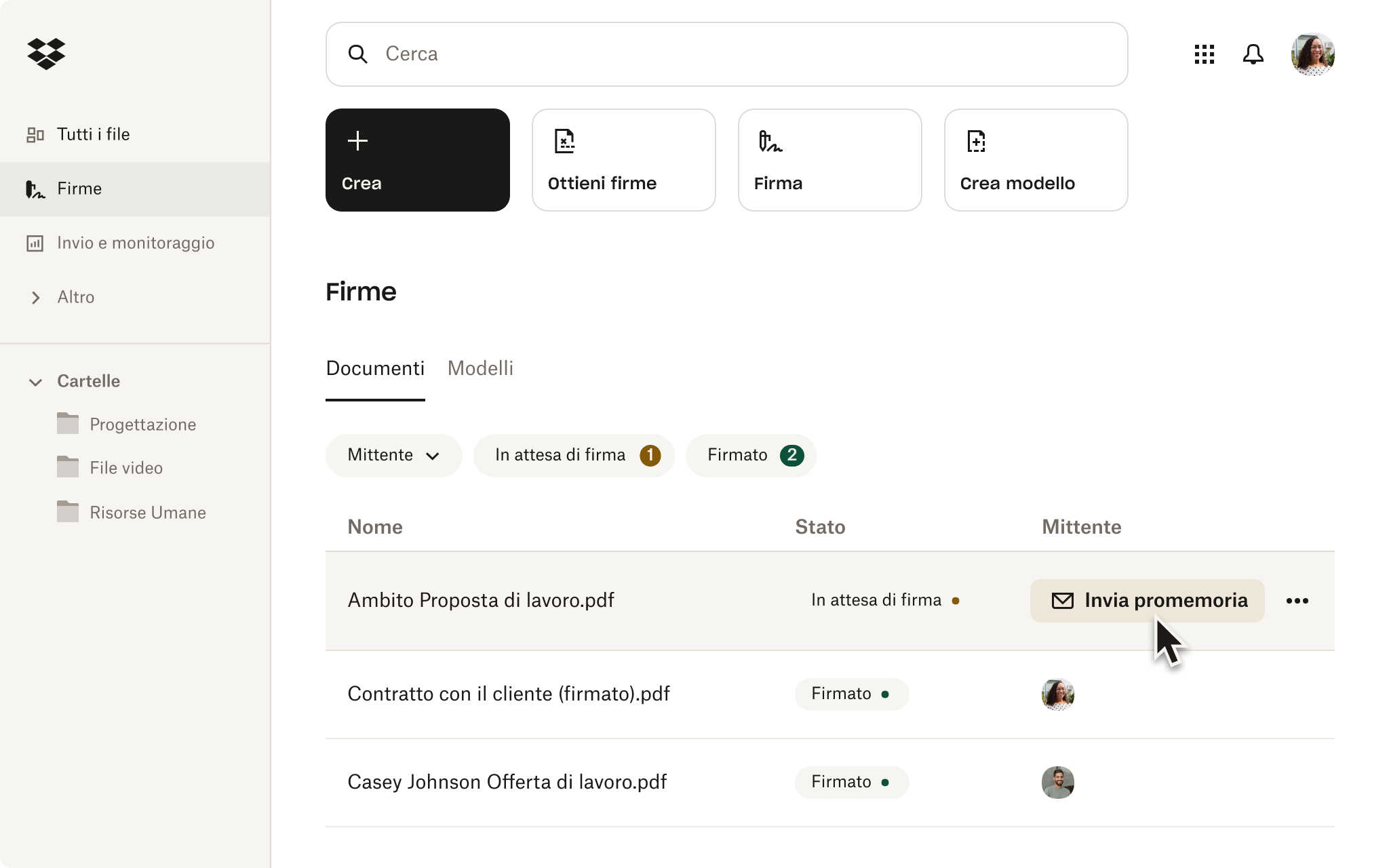 Pagina iniziale delle firme Dropbox con pulsante invia promemoria