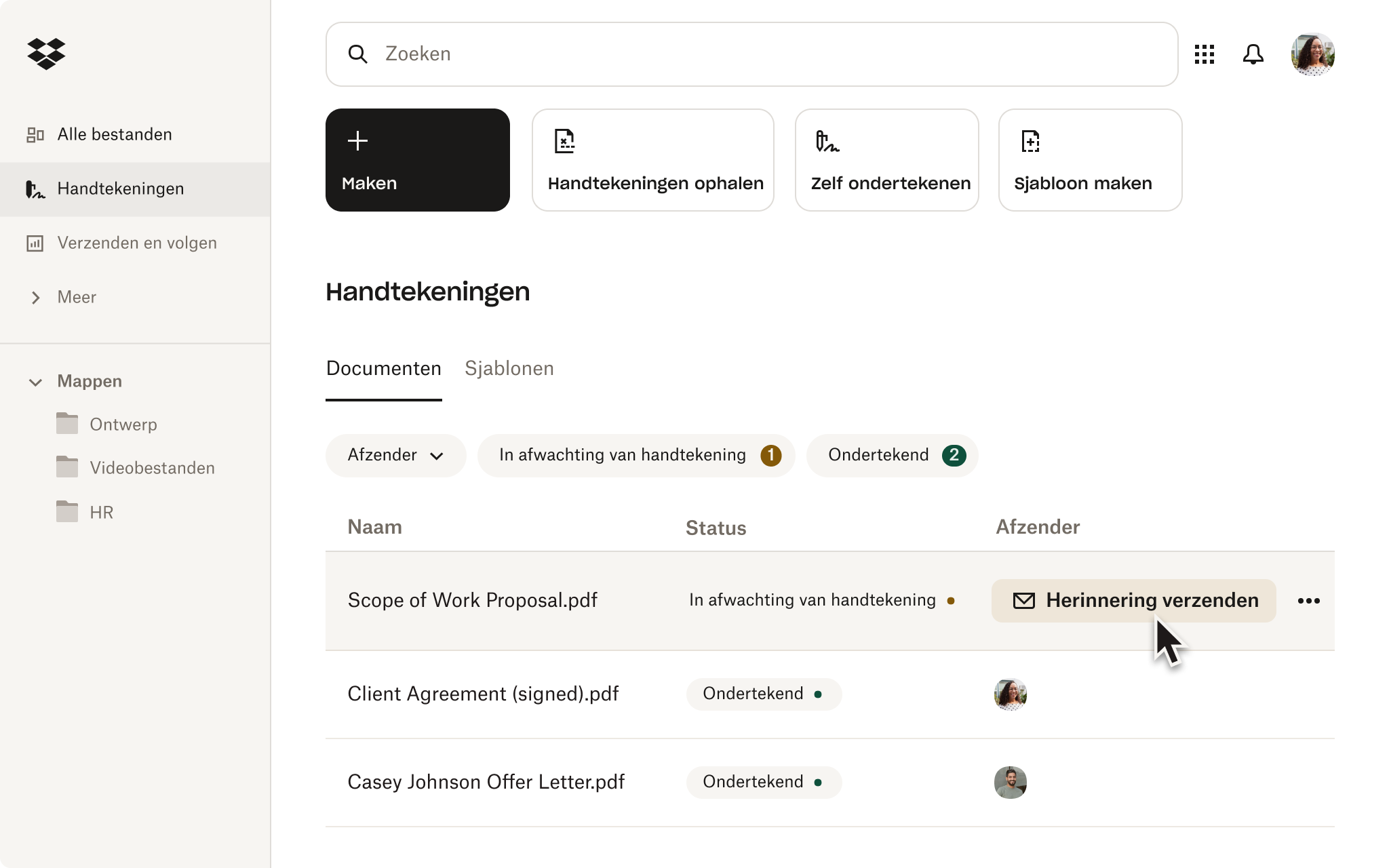 Beginpagina van Dropbox-handtekeningen met de knop Herinnering verzenden