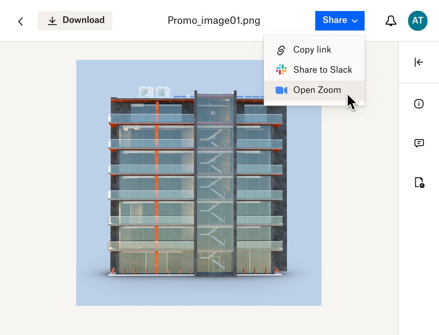 Seorang pengguna mengklik menu juntai bawah untuk berkongsi lukisan realistik keratan rentas bangunan pada Zum