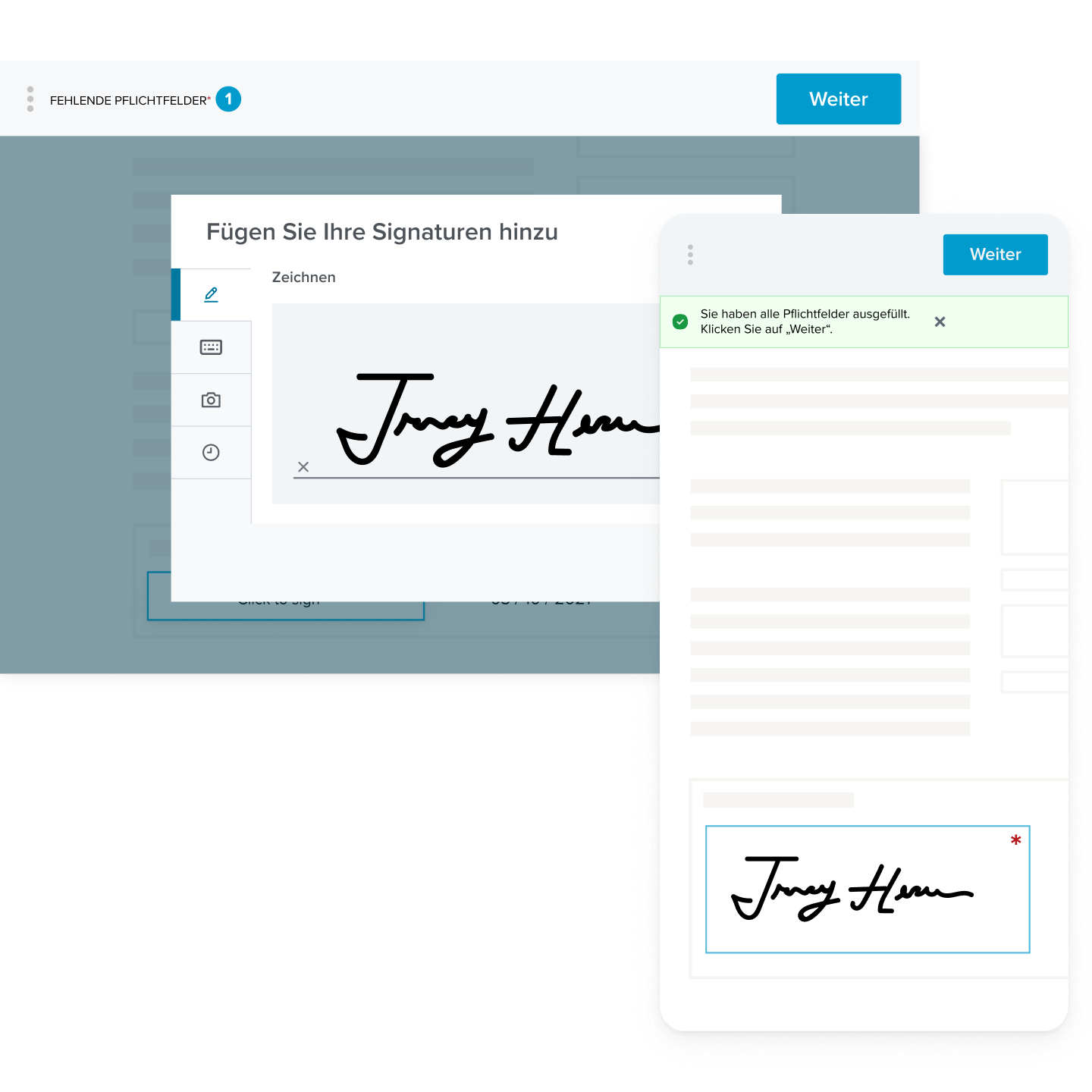 Die Benutzeroberfläche für elektronische Signaturen, die eine einem Formular hinzugefügte Signatur auf Desktop- und Mobilgeräten zeigt.