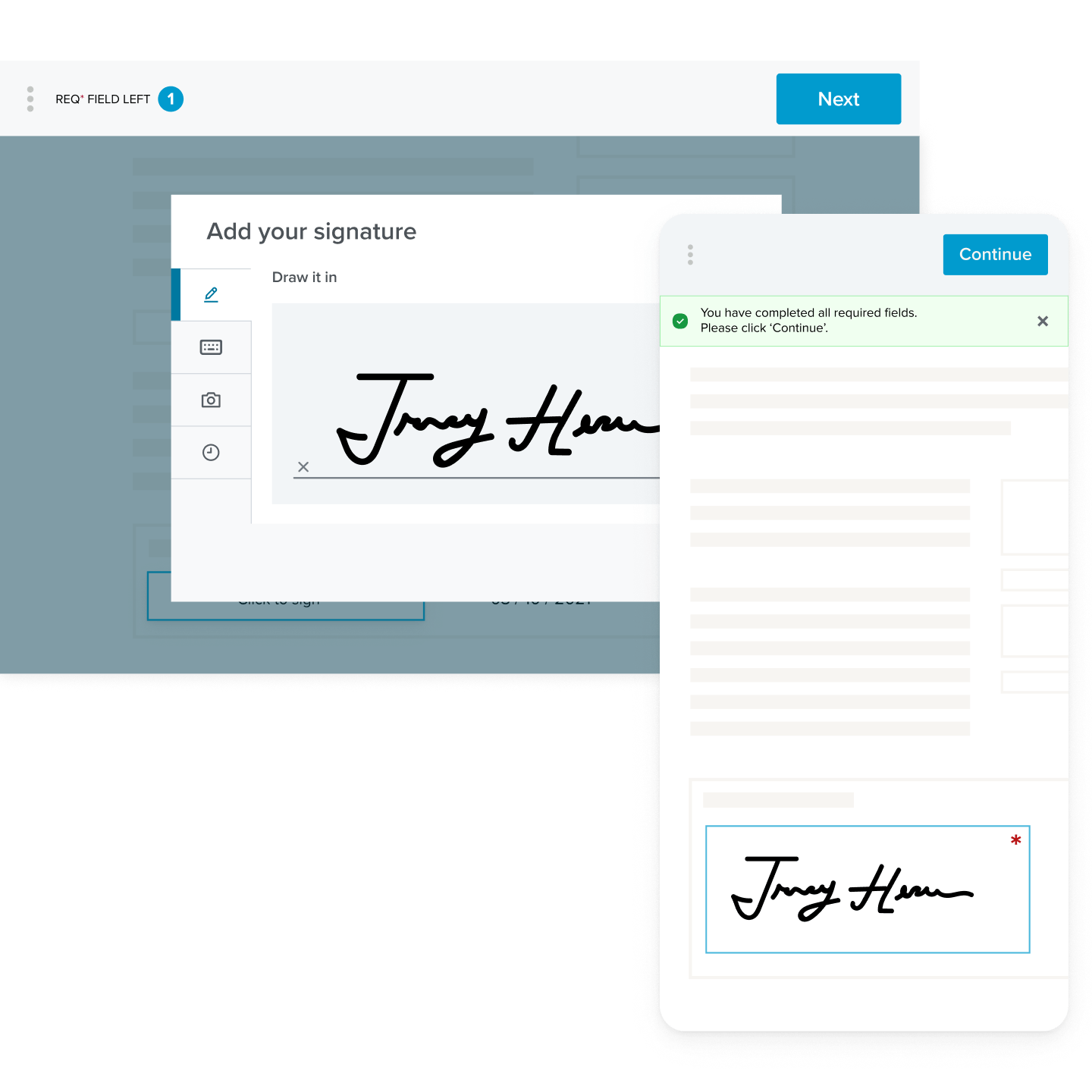 The e-signature interface, showing a signature that has been added to a form, on desktop and mobile devices