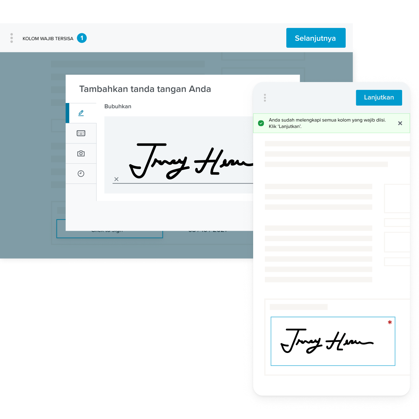 Antarmuka tanda tangan elektronik, yang menunjukkan tanda tangan yang telah ditambahkan ke formulir, di desktop dan perangkat mobile