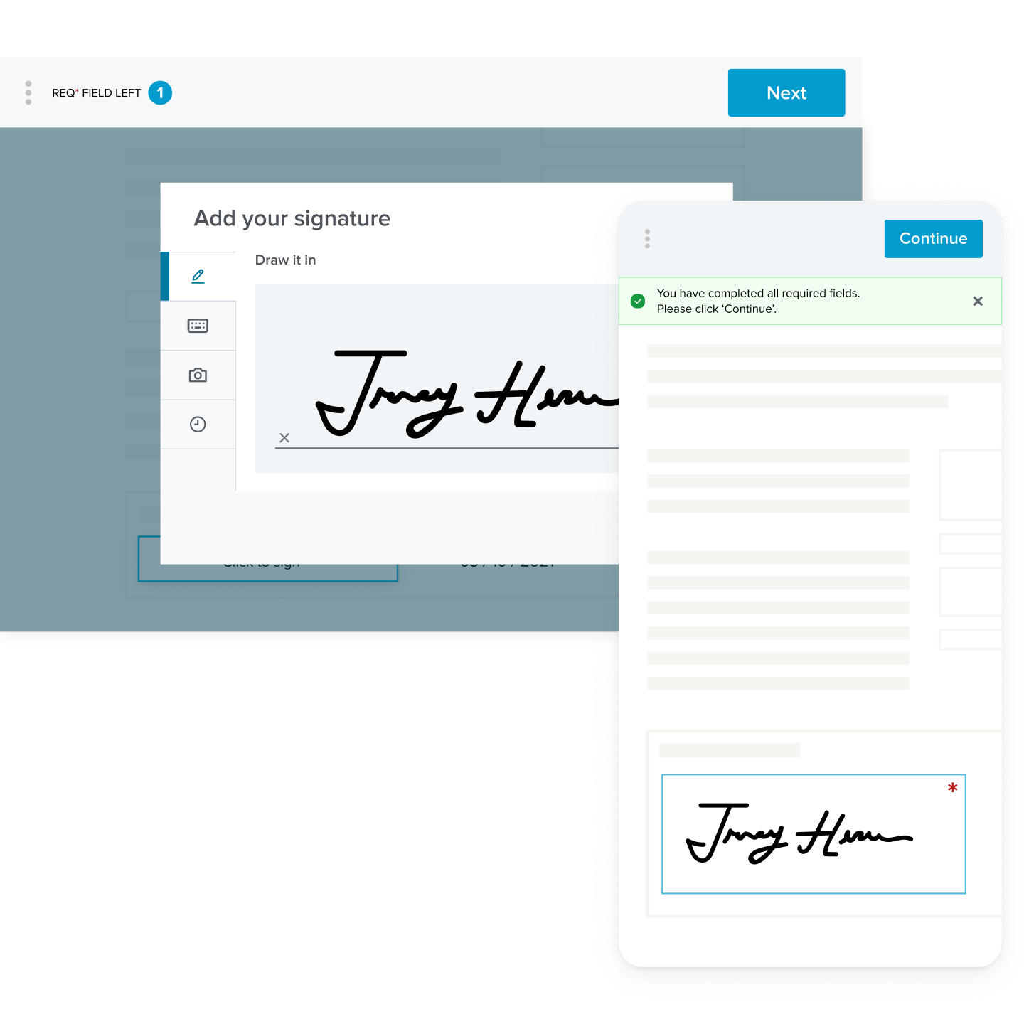 The esignature interface, showing a signature that has been added to a form, on desktop and mobile devices