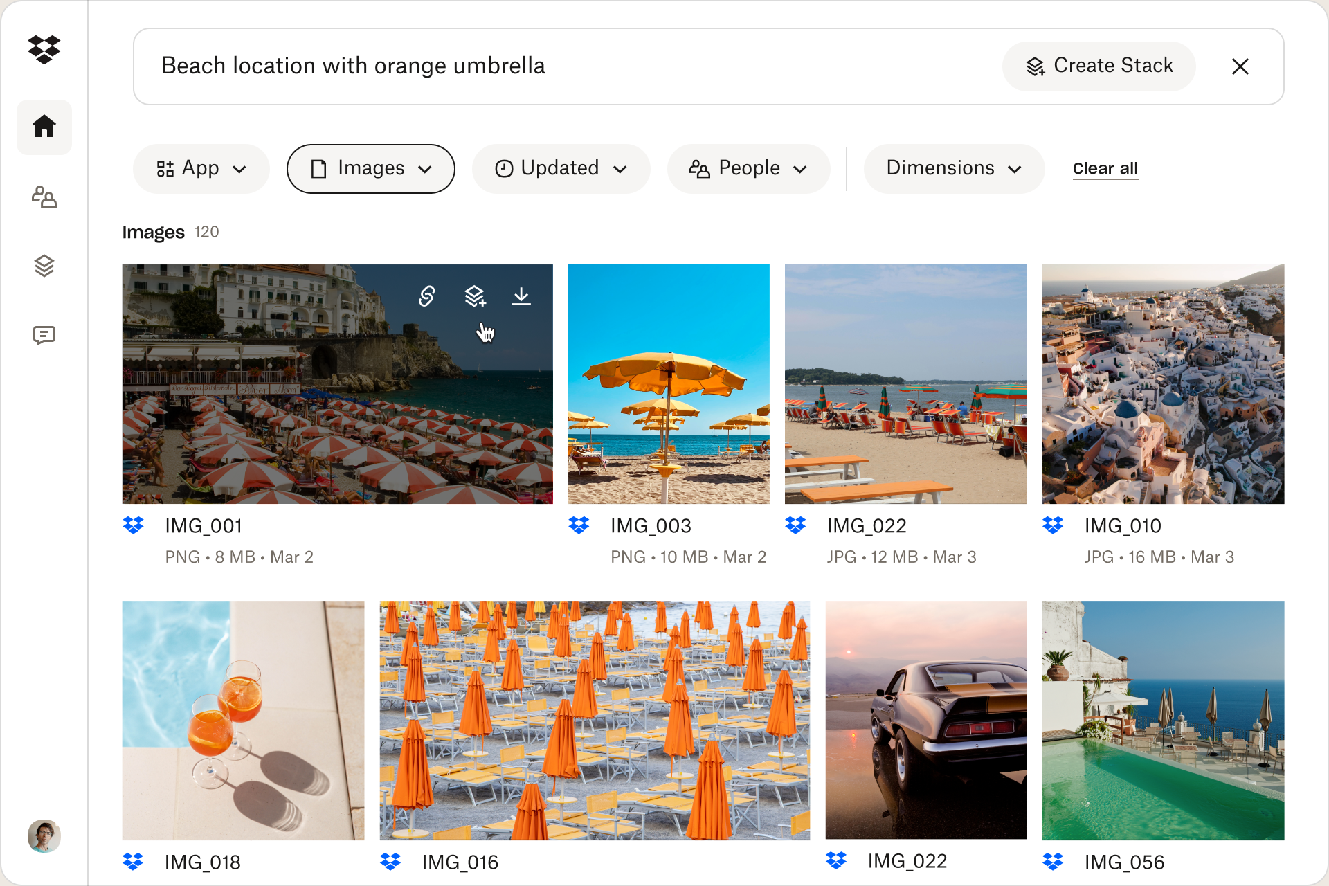 Creating a Stack of images in Dropbox Dash from the search “Beach location with orange umbrella”