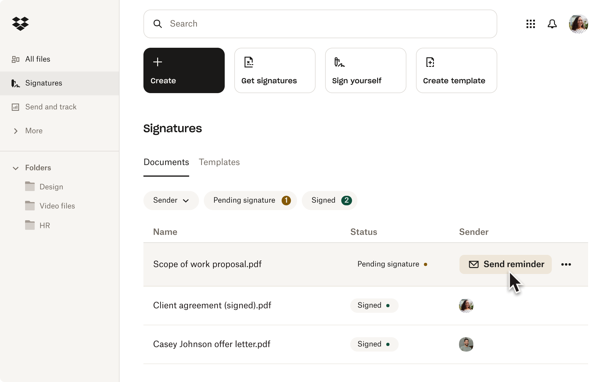 Dropbox signatures home with “send reminder” button