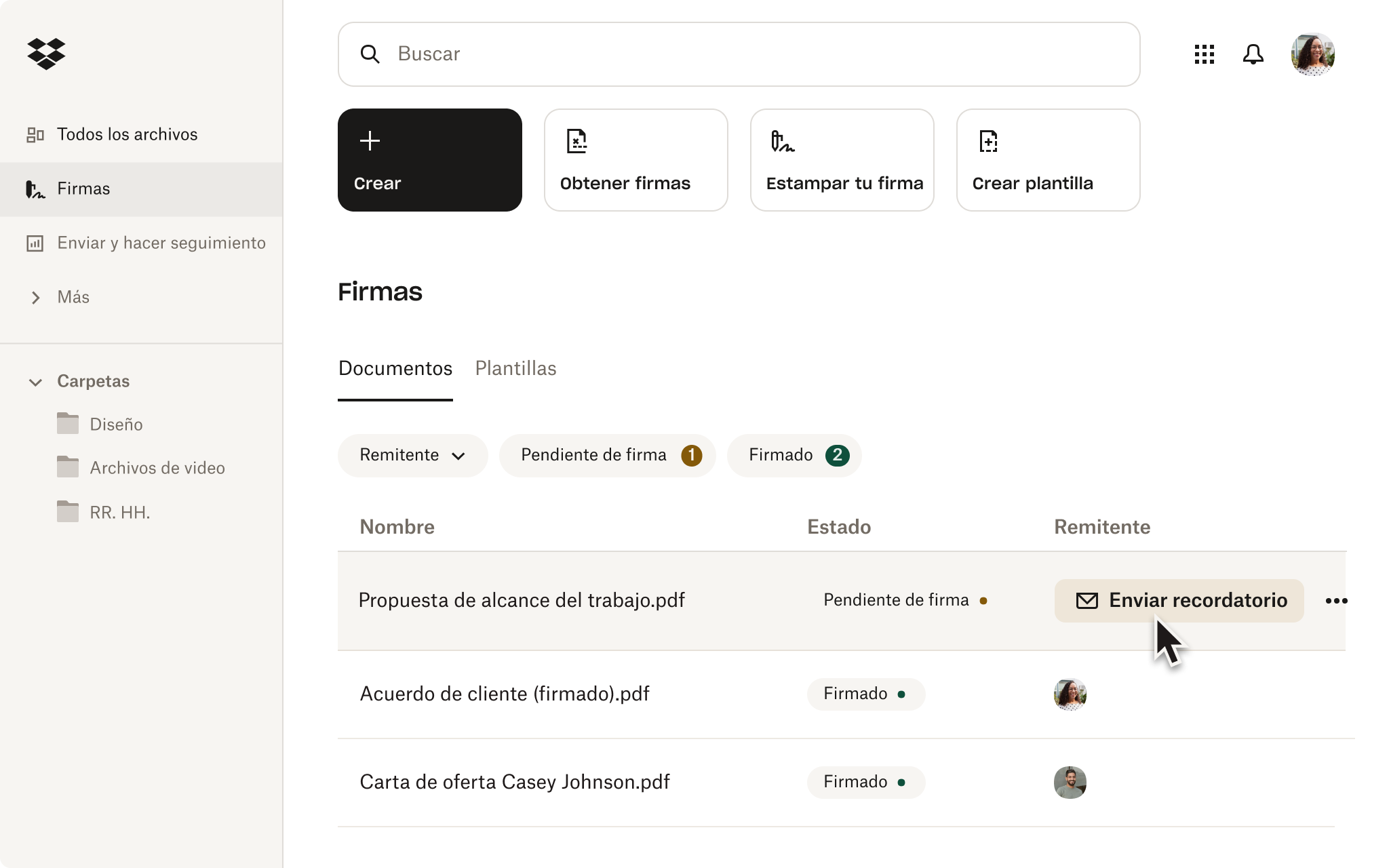 Inicio de firmas de Dropbox con botón de envío de recordatorio
