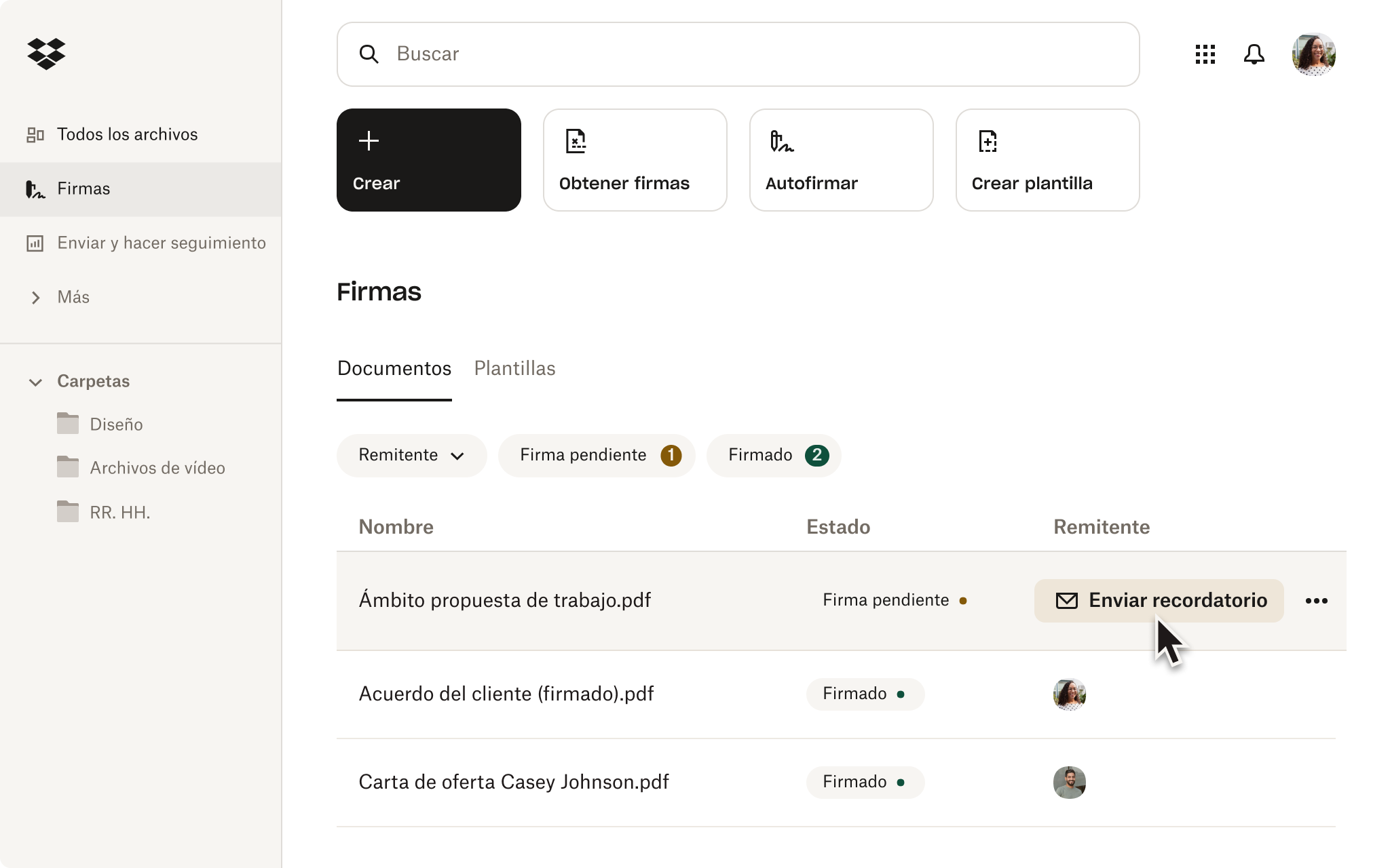Página principal de las firmas de Dropbox con el botón &quot;Enviar recordatorio&quot;.
