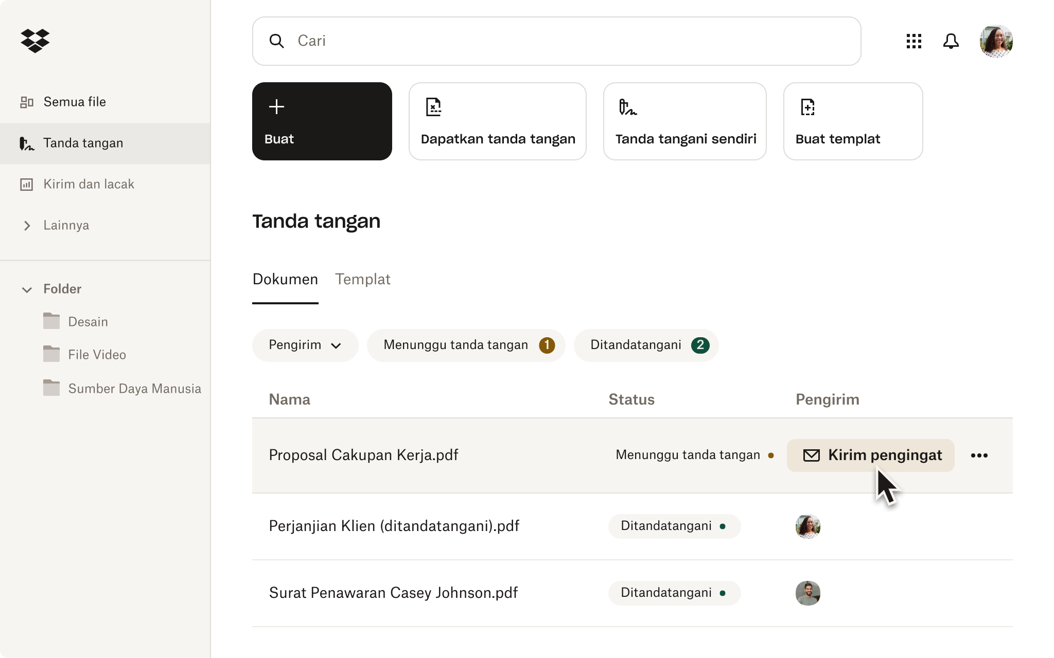 Beranda tanda tangan Dropbox dengan tombol kirim pengingat 
