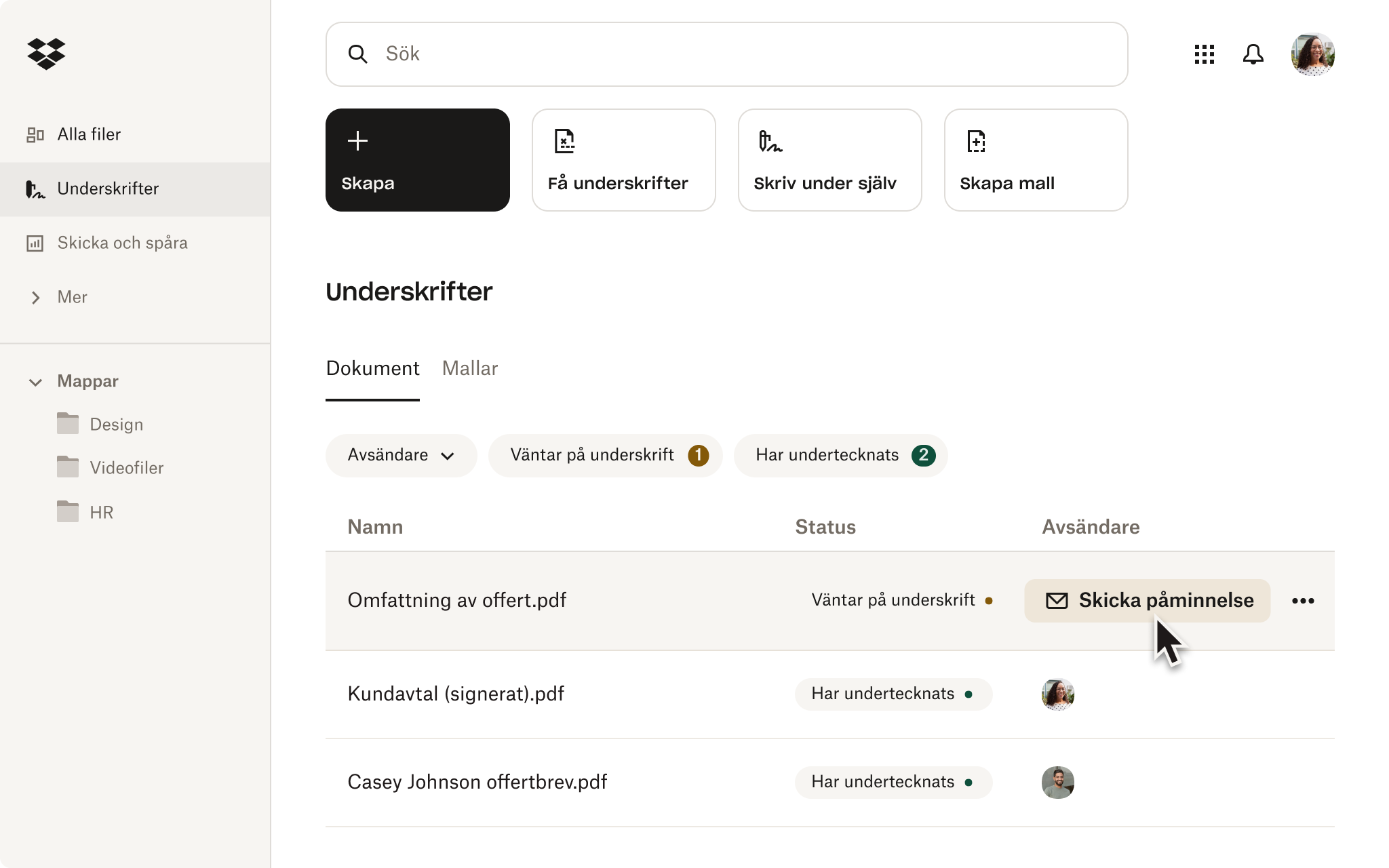 Startsida för signaturer på Dropbox med knapp för att skicka påminnelse