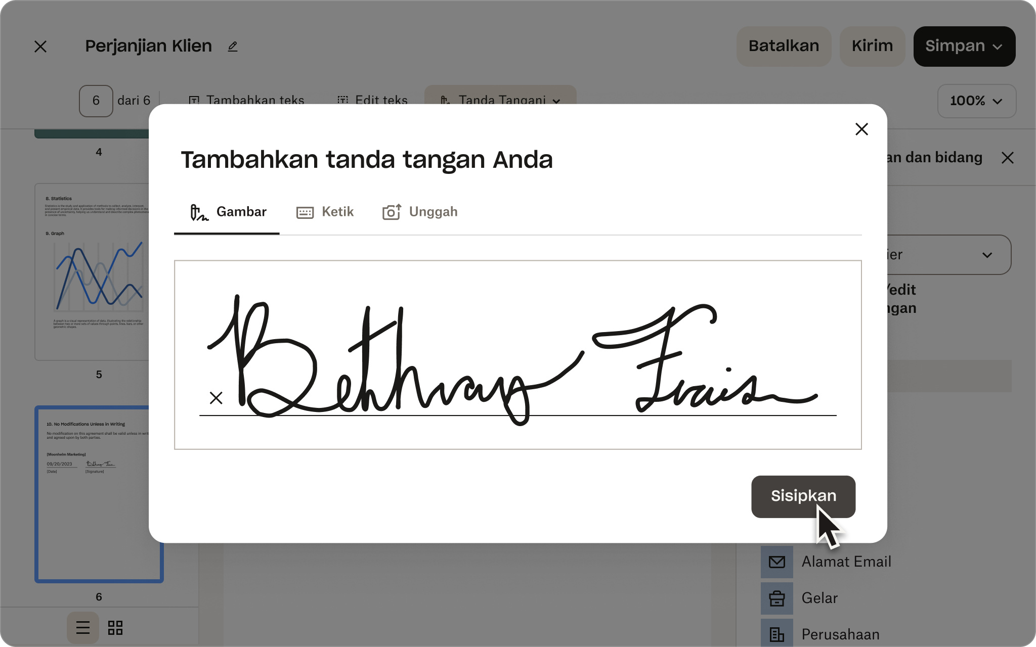 Gambar antarmuka pengguna Tanda tangan elektronik Dropbox, menunjukkan langkah-langkah menambahkan tanda tangan ke PDF dengan Dropbox.